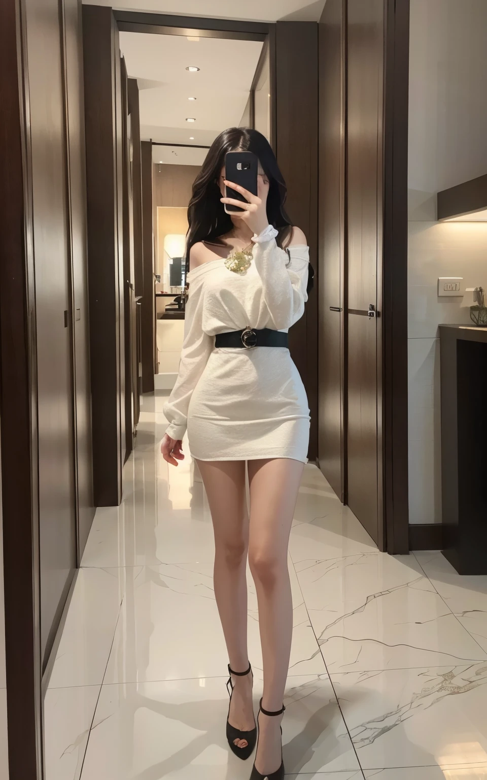 ((best quality)), ((masterpiece)), (detailed), (photorealistic:1.4), 1 girl, solo, best quality, masterpiece, ultra high res, 1girl, (detailed face:1.2), (detailed eyes:1.2), (detailed hair:1.2), (detailed clothes:1.2), 4k, (detailed color:1.2), perfect face, beautiful body, pretty face, ager female, perfect body, Ultra-high detail, Photorealism, Intimate atmosphere, flowing light, black straight hair, ponytail, glasses, wear a black coat, black coat, business coat, white blouse, polite uniform, white business blouse, unbuttoned blouse, black skirt, boss coat, black pantyhose, luxury pantyhose, Stand in front of the mirror, bend your body, office room, holding a phone, in front of mirror, she taking a photo in a mirror with her cellphone
