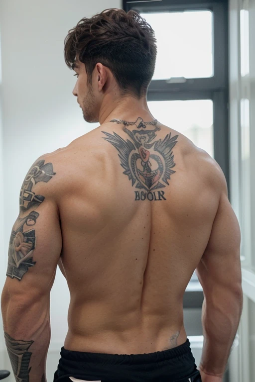 He is a body some boy,20 years old, body part back side,background rich gym Center, stylish hair,gym design stylish pant,8k quality, hd details, body have some realistic tatto, tatto name JIBAN have body, high graphic,