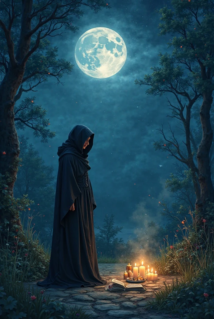 An old woman with a cloak in a forest holding a lamp sharp focus light light low mist enigmatic mystery nebulous dramatic sky starry reflection moon cinematic style horror film high resolution 8k ultra realistic well detailed intricate ultra HD horror film lens 35 mm large composition and framing
