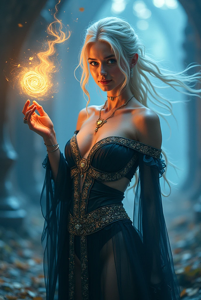 (32K:1.9, Highest quality, masterpiece, Ultra-high resolution), Magical World, Perfect dynamic composition, mysterious:1.3, Highly detailed skin and facial textures:1.3, Cute and sexy slim female mage, beautifully、aesthetic, Cute and sexy beauty, Perfect Style, Wear an exquisite ring, Striking a spell-casting pose:1.3, fire, water, ice, haze, Wind, thunder, Medlore, Fair skin, Very beautiful face, (Mid-chest, Chest gap), (Embarrassed smile, Her facial expression when she felt intense caressing, Facial expressions when feeling happy), (How to take off and put on a gorgeous wizard costume correctly from your shoulders), (Beautiful Blue Eyes, Beautiful erotic eyes:0.8), (Too erotic:0.9, Fascinating:0.9), Full Body Shot, Earrings, necklace, bracelet, Sensual sitting position, (romantic, dramatic, mysterious), Object of admiration, format, artistic, Innovative, attractive, Stimulate the, Extreme, Tilt, ((Adult charm, Feminine charm, Windになびく髪))