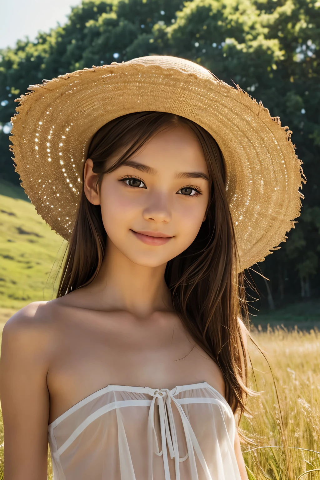 a hot girl with brown hair and small breasts , 1 girl, young girl, realistic , detailed facial features , beautiful eyes , small breasts naked in a very transparent beach dress with a very large neckline, natural light , Soft colors ,warm tones, detailed skin structure , beautiful hair strands , realistic proportions, naked with straw hat, bare shoulders , A shoulder strap has slipped off, Ava Jung, Environmental portrait , kinematic light ,photo realistic , award-winning digital art, smiles at the naked camera, Full body in a meadow, very young girl