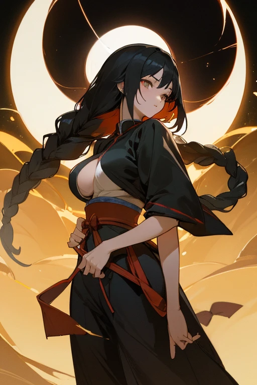 (1girl), black hair, (extremely long hair), yellow eyes, ((muscular)), (kimono), huge breasts, thick thighs, solo, angry, (pale skin)