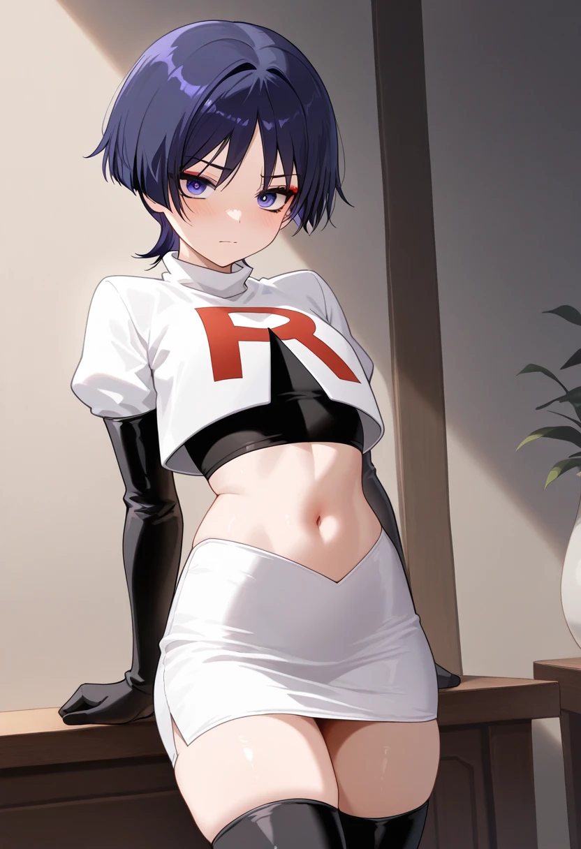 absurdres, cowboy shot, solo, male focus, trap, 1boy, crossdressing,1boy, saihara shuichi, yellow eyes,looking at viewer, team rocket,team rocket uniform,white skirt,red letter R,crop top,black thigh-highs,black elbow gloves, embarrassed, blush