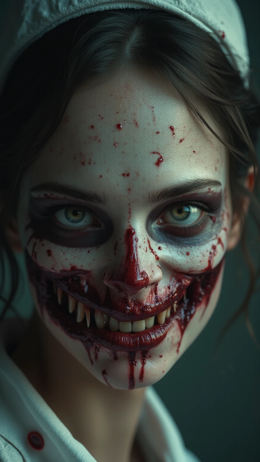 closeup face of zombie, look horror and violence, high detail, kodak film, photorealism