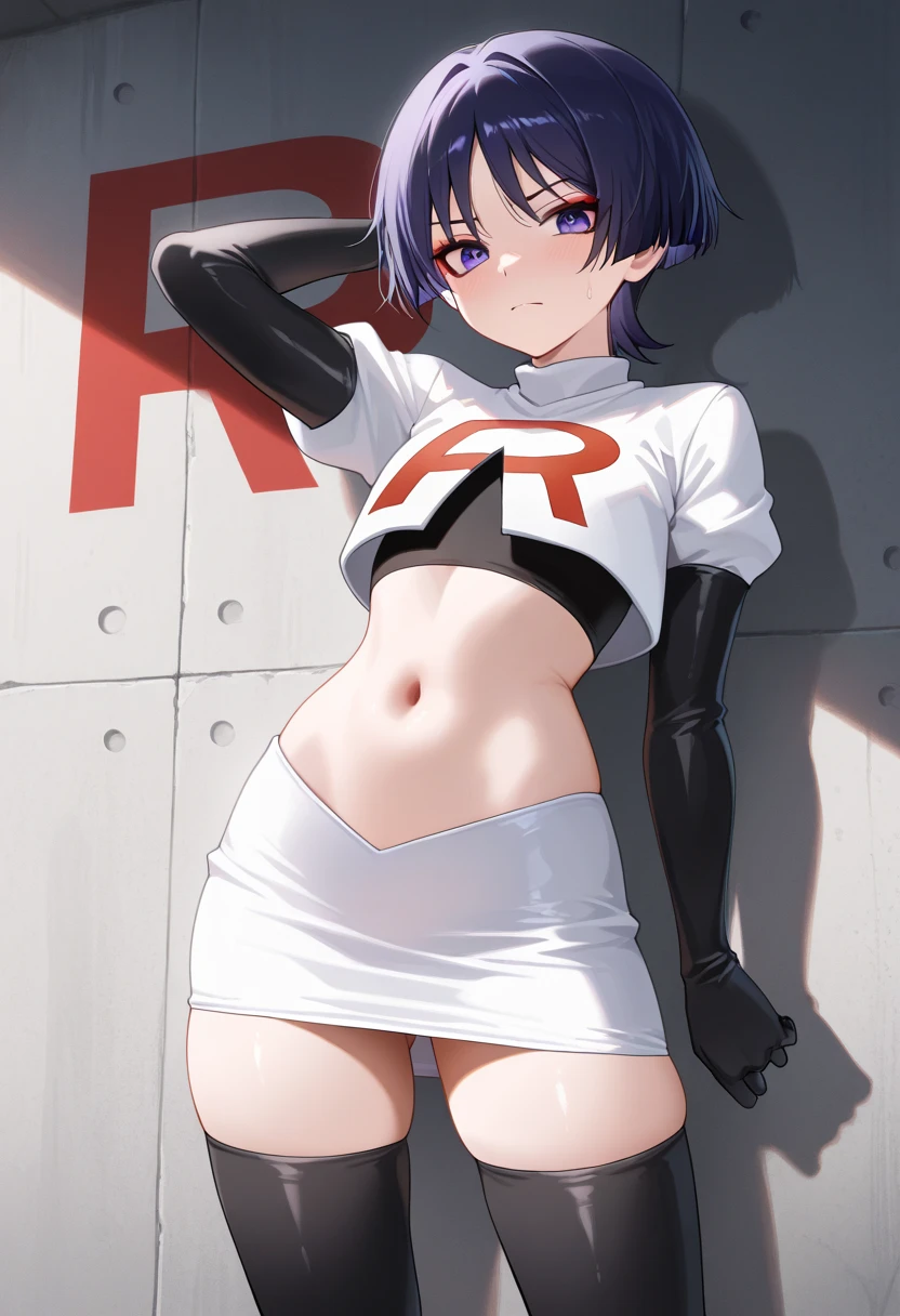(masterpiece), (best quality), 1girl, solo, fang, blue hair, skin fang, short hair, hair behind ear, purple eyes, team rocket,team rocket uniform,white skirt,red letter R,crop top,black thigh-highs,black elbow gloves, hair ornament, medium breasts, mole on thigh, outdoors, blush, embarrassed, cowboy shot