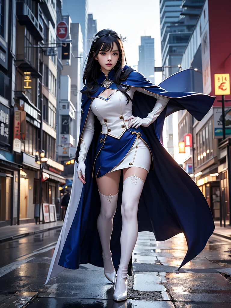 South korea asssassin's creed walk women mystery hooded on with modern royal Blue coat with long and wide sleeves with buttons and royal Blue cape and very high white heel over the knee and white gloves, As she reveals a small secret hidden blade coming from his palm , adding to the characters mysterious, with small movements of air on the cape, in summer at night under the rain, with buildings featuring curved eaves and detailed architecture. sophisticated and highly detailed, ultra hd, realistic, hyper detailed, enhanced colours, ultra sharp focus, with vibrant, rich in details High quality, gorgeous, captivating, 8k, super detailed, stunning shadows, detailed lines, blood stain on coat and gloves, corpses in the street recently murdered
