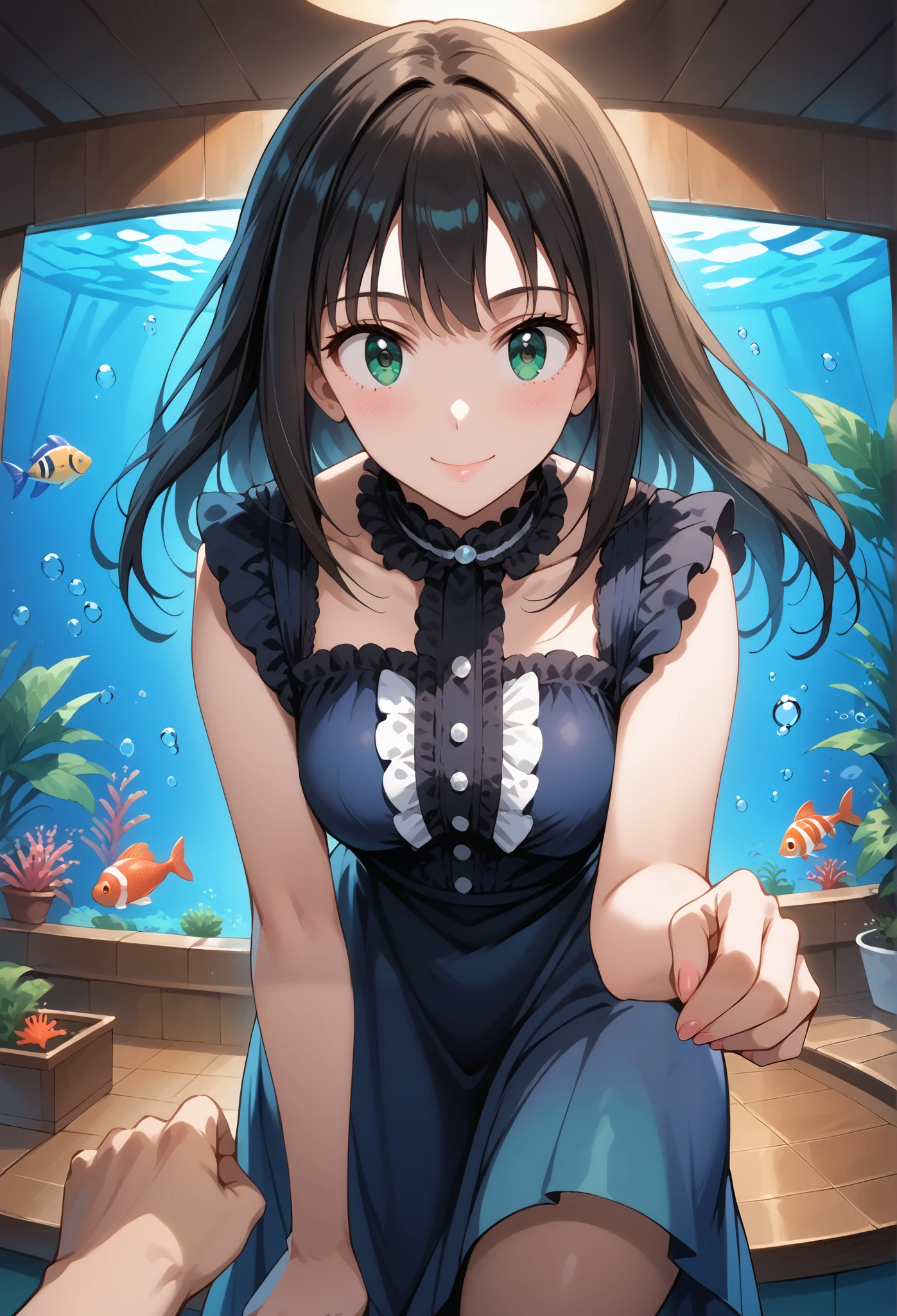 score_9, score_8_up, score_7_up, source_anime, 4K,perfect fingers,(perfect hands, perfect anatomy),prefect lighting, very aesthetic, intricate details,highly detailed background, masterpiece, high quality, best quality,
1girls,solo, rinshibuya, rin shibuya, black hair, green eyes, long hair, large breasts, mature female,
wearing ((casual dress,frills,ornate clothing, )),,
action pose,playful smile,from behind, leaning forward,pointing, surprised, aquarium,indoors,tropical fish, solo focus, day ,pov,