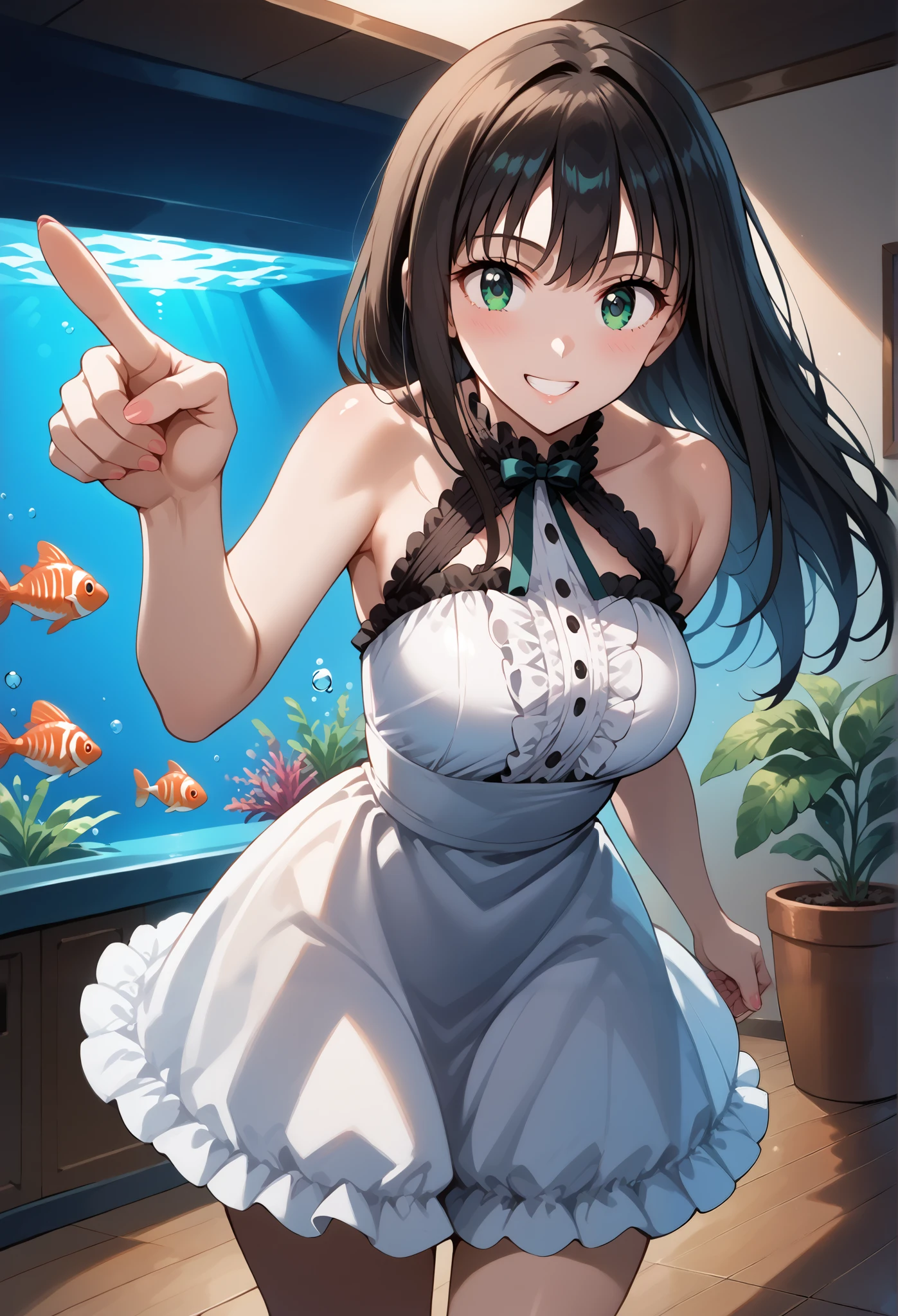 score_9, score_8_up, score_7_up, source_anime, 4K,perfect fingers,(perfect hands, perfect anatomy),prefect lighting, very aesthetic, intricate details,highly detailed background, masterpiece, high quality, best quality,
1girls,solo, rinshibuya, rin shibuya, black hair, green eyes, long hair, large breasts, mature female,
wearing ((casual dress,frills,ornate clothing, )),,
action pose,playful smile,from behind, leaning forward,pointing, surprised, aquarium,indoors,tropical fish, solo focus, day ,pov,