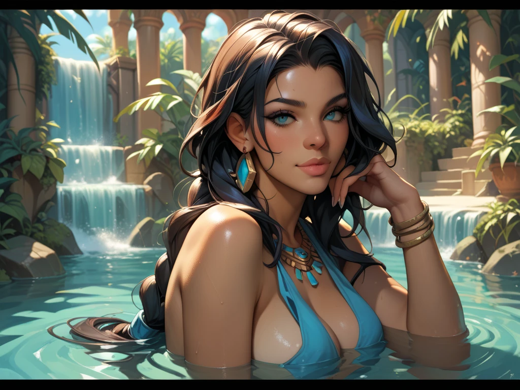Beautiful girl, hair in a messy bun, wearing a sequin bikini set, (((heavy bust))), sitting in a swimming pool, heatwave, symmetrical eyes, symmetrical face, photorealistic, photography, path tracing, specular lighting, volumetric face light, path traced hair, visible shadows, shadow mapping, visible reflections, bright lush colours, concept art, highly detailed, illustration, bold colours, cinematic, masterpiece collection, volumetric lighting