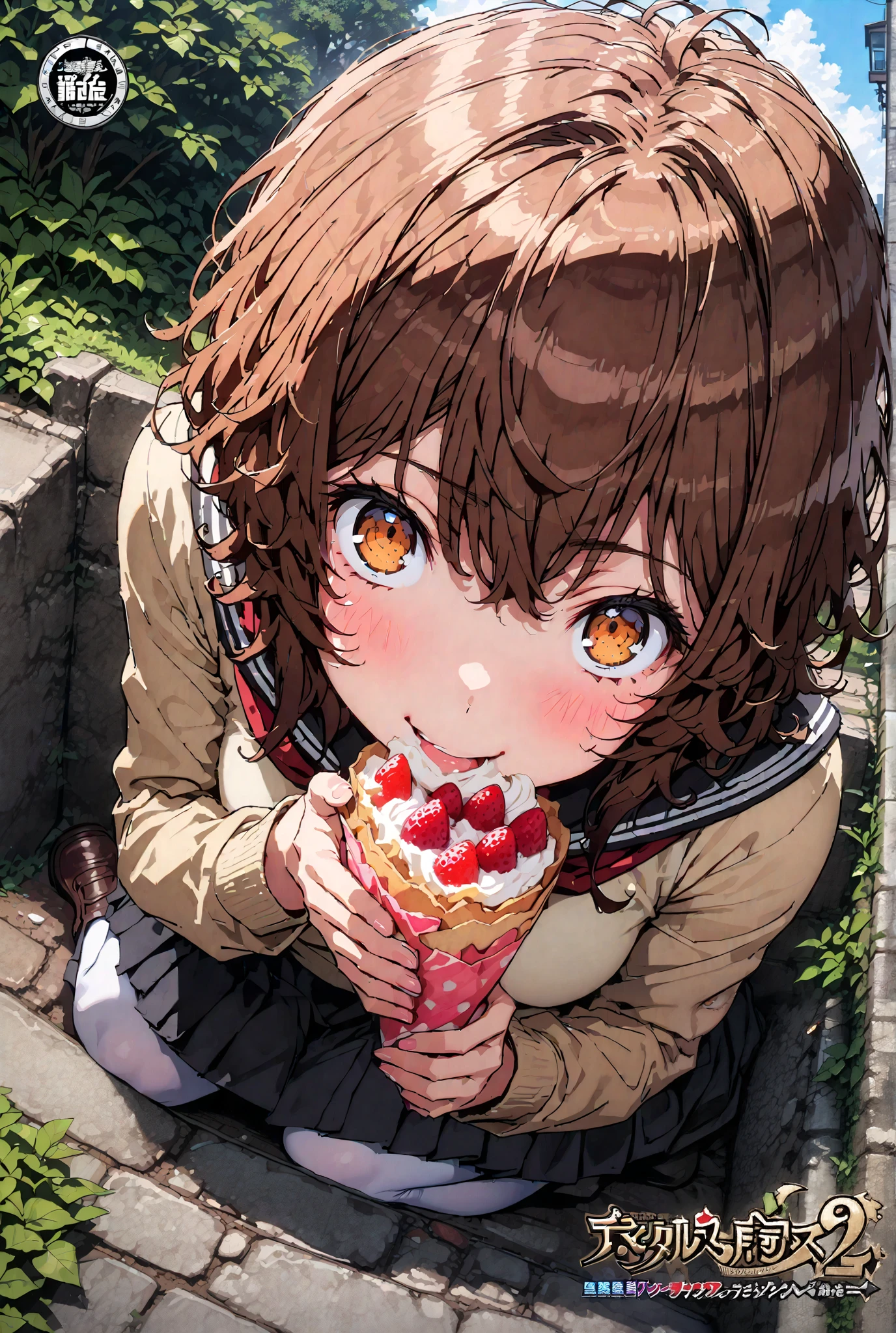 Liliru Card, Lilylka Alde, brown eyes, black cock, smile,cover,opens her mouth,short hair,Black sailor suit,red 弓tie, yellow cardigan , black mini pleated skirt ,white pantyhose as if it were in the illustration,loafers,Holding a crepe with one hand,sitting in a chair,Beautiful Scenery,noon,full bodyかイラストに入るように,angle from below,break outdoors,garden,
break looking at viewer,full body,
break (masterpiece:1.2),best quality , kampala, Unity 8K Wallpaper ,(shape:0.8),( fine, beautiful eyes :1.6),It's a person ,full body写真,CG Details , (perfect hands,complete anatomy),