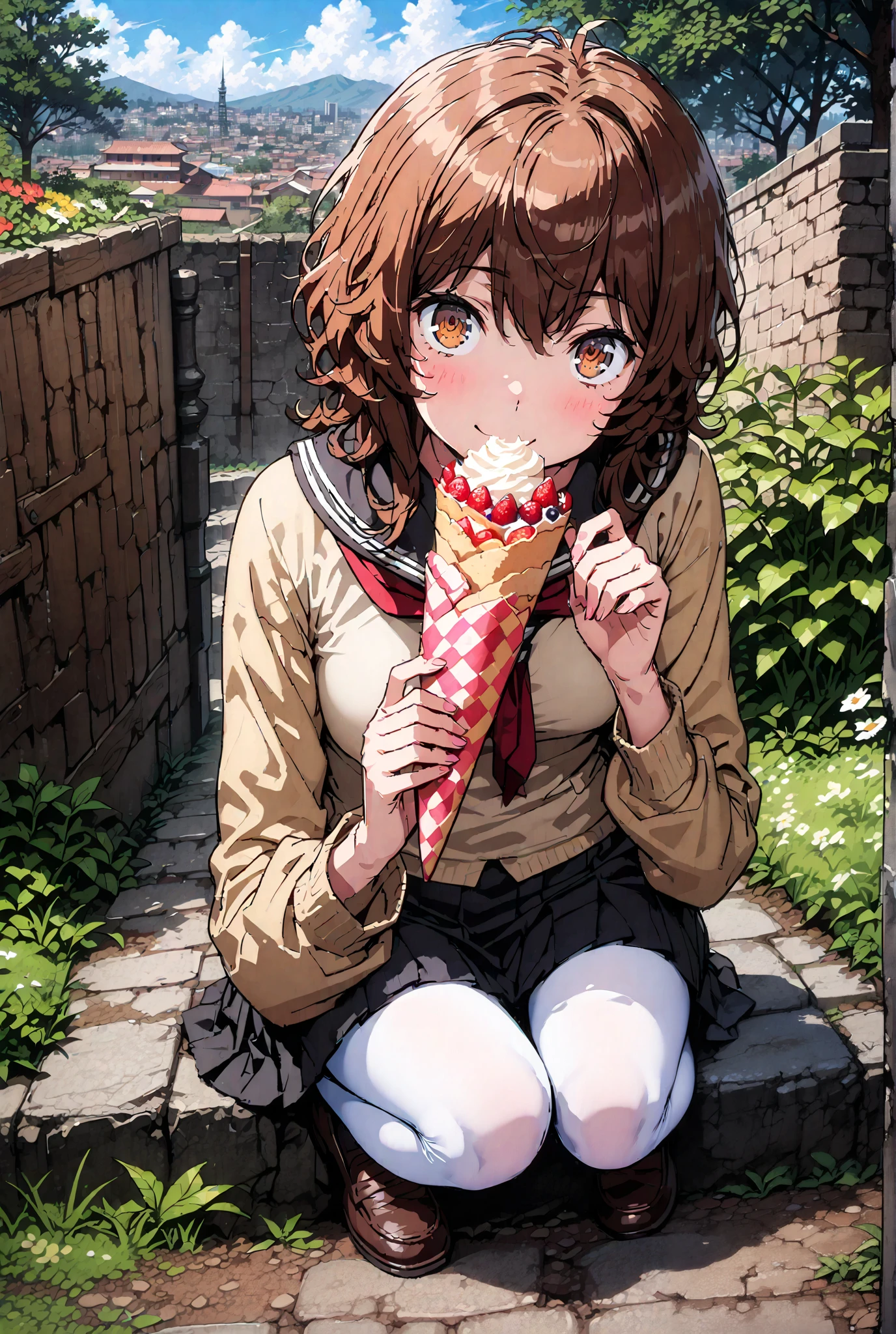 Liliru Card, Lilylka Alde, brown eyes, black cock, smile,cover,opens her mouth,short hair,Black sailor suit,red 弓tie, yellow cardigan , black mini pleated skirt ,white pantyhose as if it were in the illustration,loafers,Holding a crepe with one hand,sitting in a chair,Beautiful Scenery,noon,full bodyかイラストに入るように,angle from below,break outdoors,garden,
break looking at viewer,full body,
break (masterpiece:1.2),best quality , kampala, Unity 8K Wallpaper ,(shape:0.8),( fine, beautiful eyes :1.6),It's a person ,full body写真,CG Details , (perfect hands,complete anatomy),