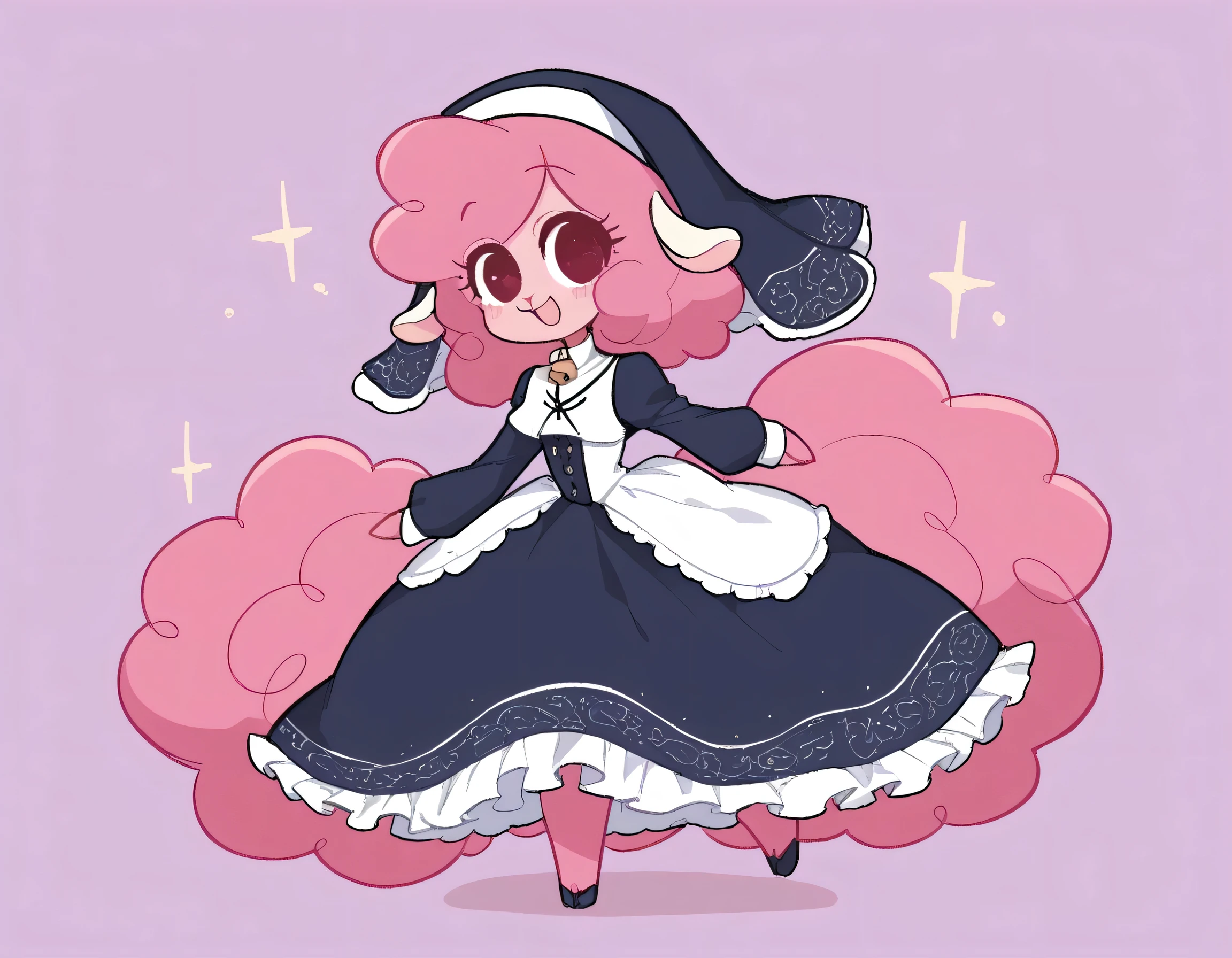 best quality, very detailed illustration , solo, ( Anthropomorphic furry sheep:1,7) , ruffled voluminous bouncy hair , playful look, delgado, ideal body, thin waist , wide hips, simple drawing, Artifyber style , pastel flat colors , beautiful, cartoon ,solo, short curly pink hair, nun outfit, long dress with frills, a smile, fluffy curly tail, sheep ears, bell collar, hooves, ram horns, princess