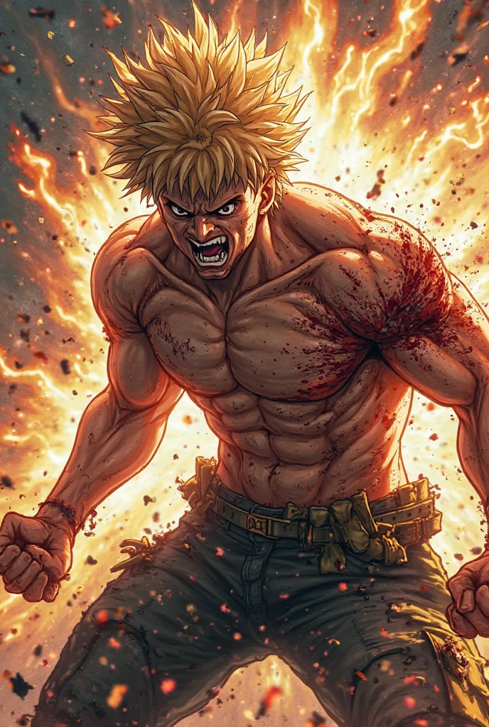 (White beautiful boy:1.2),original,solo, ((((((13 year old)))))),(close eyes),(cool face,beautiful face,manly face:1.33),(Short, shaggy, golden hair:1.94),(muscle full-body:2.18),(Muscular abs and blood:1.68),(Blue bruises all over the body:1.65),(standing,fighting pose:1.75),(Heavy bleeding from body covered in blood-stained red bandages:1.8), (yellow pants:1.25), masterpiece, best quality, very aesthetic, absurdres