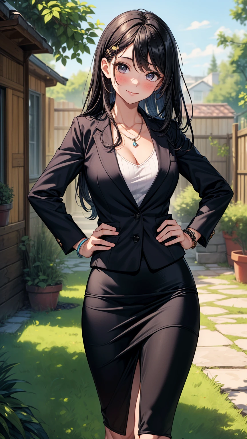 ((best quality)), ((masterpiece)), ((detailed)), (((perfect faces))), (((30yo beautiful woman in black suit, shirt, tight skirt, leggings))), (((cleavage:0.8))), (((glasses))), (((black hair))), (((standing))), (((arms crossed))), (((smirking))), (((grass field)))