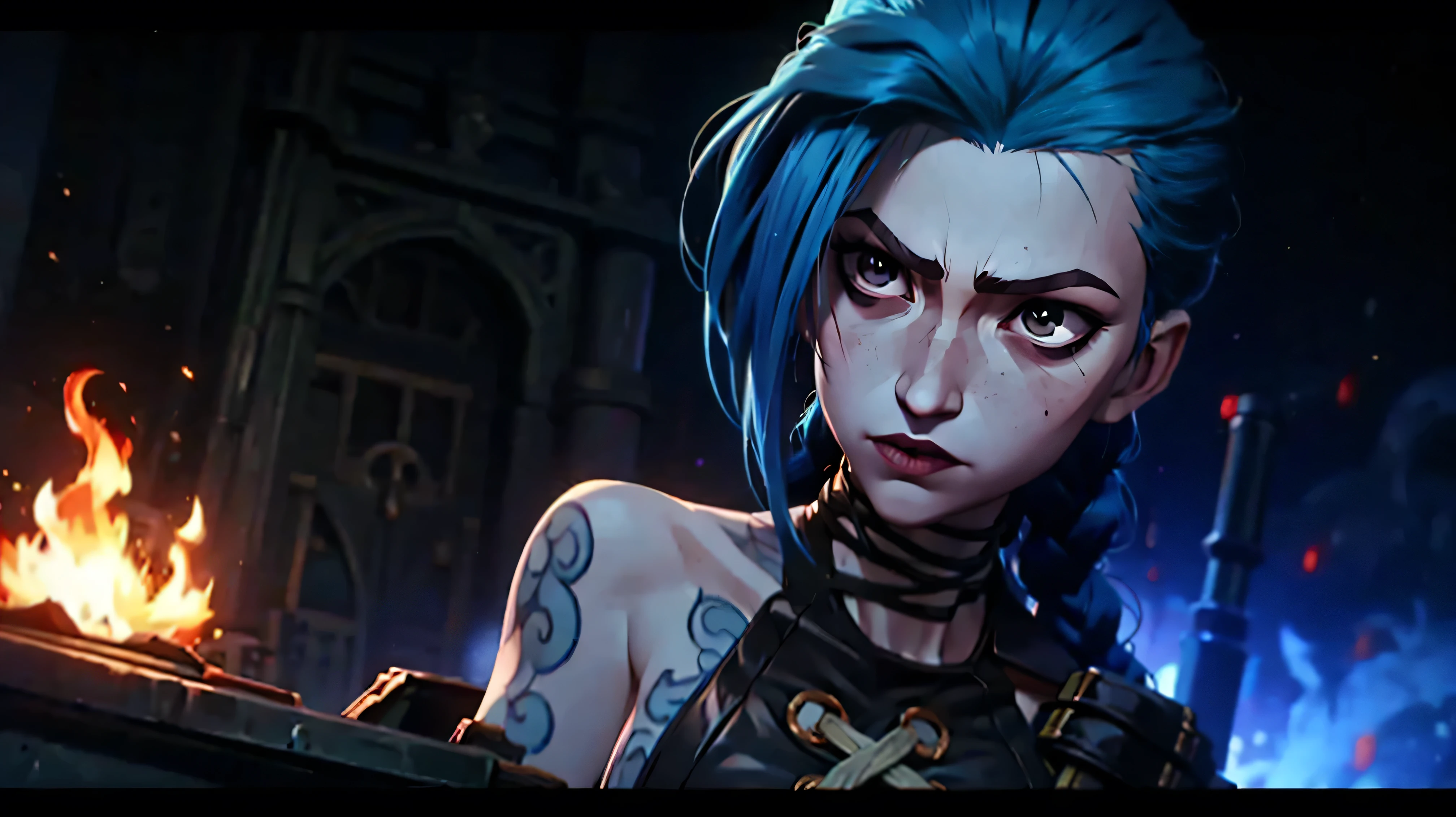 (masterpiece,  Best quality ), close up, action scene, 1 girl,  portrait of a very detailed beautiful body, (Jinx gun from Arcane), fog, side view,  art ( the body is completely 1.1.),  pale skin , nice legs, very beautiful,  very sexy ,  big voluminous breasts, full length (Whole body 1.1.),  a sad look, explosions, darkness, fog,  beautiful waist,  Dark Composition , flame, fire, flash,  is very beautiful, female,  long hair,  hair braided in long braids ,  very sexy , skinny leather pants, emphasis on the eyes, emphasis on the face,  pretty face , Hands,  oblique tail , red purple eyes,  blue cloud tattoo , (masterpiece,  Best quality ), side lighting,  beautiful detailed eyes ), ( Best quality ), (masterpiece),