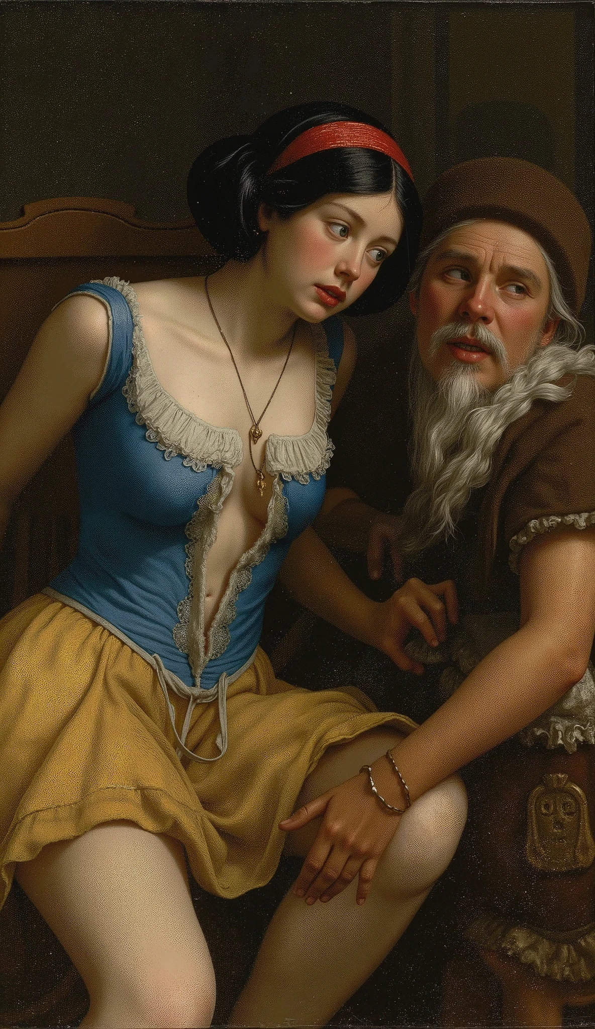 ((NSFW)),
rmbt,
18th century, Rembrandt.
1girl, 7guys,
young Snow White, Snow White being gang-raped by the seven dwarfs,
Everyone says that Snow White is promiscuous,
she is Short bob black hair with red head ribbon,
she is snow white skin,
she wearing blue bodice and yellow mini skirt,
Her dress is worn and dirty,
She lets men show her ,
She opens her bodice to show the men her breasts,
The men laugh as they watch Snow White open her bodice,
Snow White was auctioned off as a cheap sex slave, the skirt is cut short, The front of the bodice is slashed vertically, exposing her nipples and nave, The upper body is naked, show nipples, Snow White has become so lewd that she will have sex with anyone, Snow White opens her legs wide and accepts the penises of the dwarves one after another into her vagina, Snow White's clothes are in disarray and torn, The seven dwarfs are very lustful and rape Snow White many times, The cave deep in the forest is the home of the seven dwarfs and Snow White, Snow White is pregnant, but doesn't know it yet.
But the dwarfs know that someone has impregnated Snow White.
The dwarfs smell Snow White's body odor.
From Snow White's smelly body odor and the visible veins on her lower abdomen, they realize that it was a demon dog who raped her as a joke that made her pregnant,