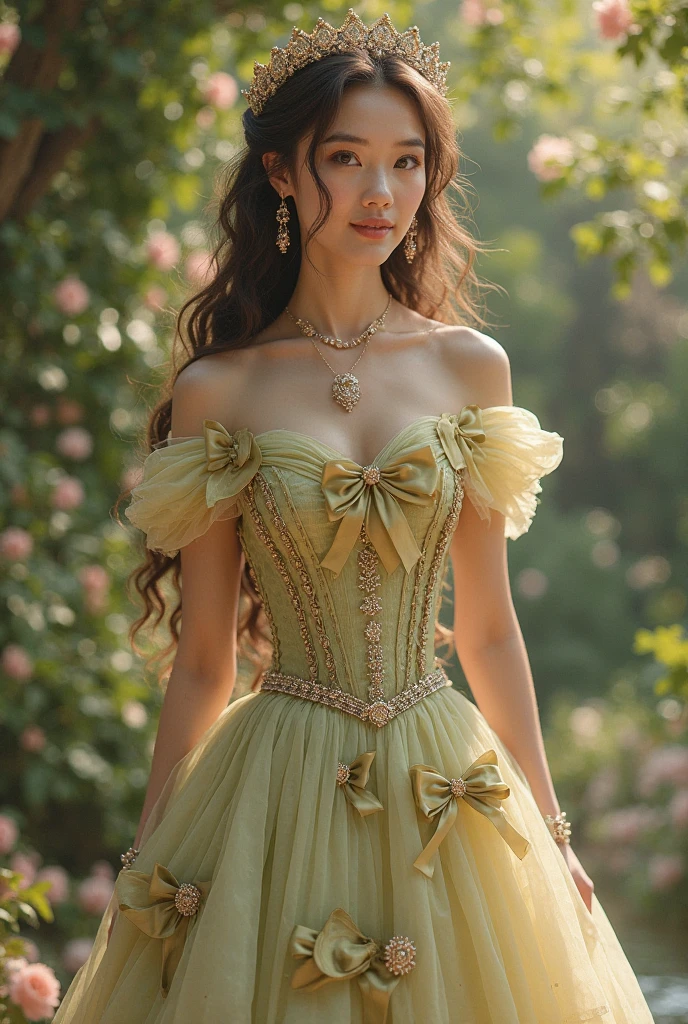  with curly hair dressed as princess Tiana 