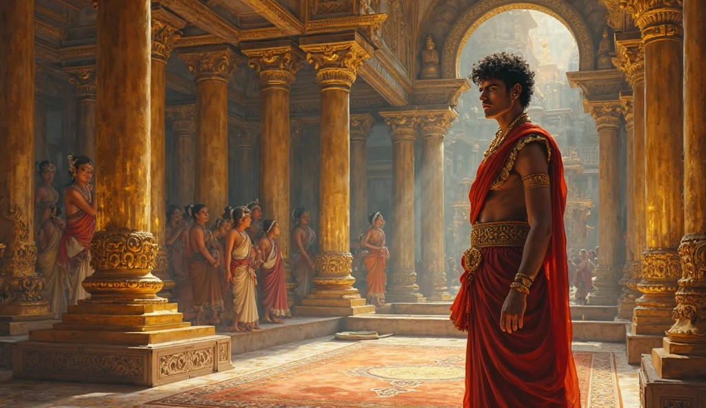 8k High resolution, ultra-detailed image: Sonu, a man with big, vibrant orange hair, is portrayed as the Indian cruise's central figure. He is depicted sitting serenely in a temple, with the soothing flow of a river serving as a backdrop. Tom Cruise, in character as Sonu, wears a traditional Indian dhoti, exuding an aura of tranquility and spirituality. The scene is bathed in a soft cinematic light, with the temple and its intricate details highlighted against the HDR-enhanced river. The focus is sharp, drawing the viewer's attention to Sonu, who seems to be in communion with the