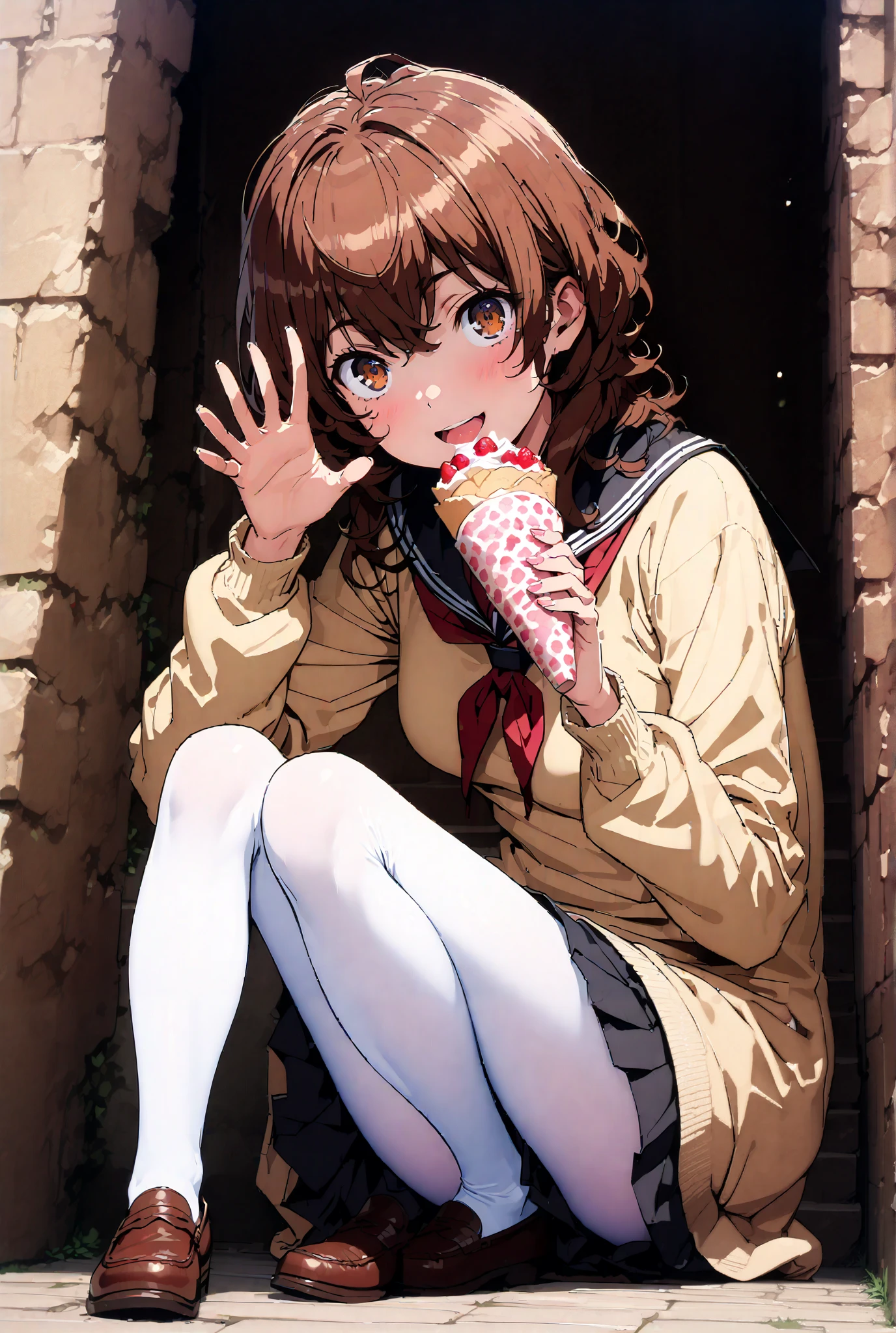 Liliru Card, Lilylka Alde, brown eyes, black cock, smile,cover,opens her mouth,short hair,Black sailor suit,red 弓tie, yellow cardigan , black mini pleated skirt ,white pantyhose as if it were in the illustration,loafers,Holding a crepe with one hand, is sitting on the stairs,Beautiful Scenery,noon,full bodyかイラストに入るように,angle from below,break outdoors,garden,
break looking at viewer,full body,
break (masterpiece:1.2),best quality , kampala, Unity 8K Wallpaper ,(shape:0.8),( fine, beautiful eyes :1.6),It's a person ,full body写真,CG Details , (perfect hands,complete anatomy),