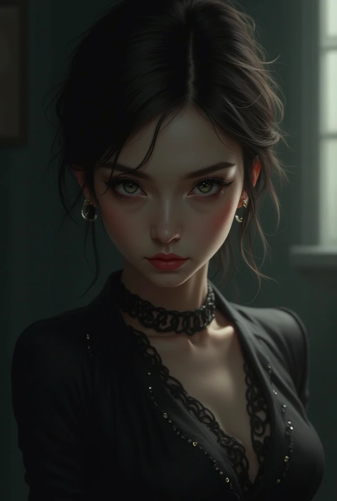 a beautiful young woman wearing a black lace thong, detailed facial features, perfect skin, lush lips, long eyelashes, elegant posture, sensual expression, dramatic lighting, cinematic angles, moody atmosphere, dramatic chiaroscuro, warm color palette, photorealistic, 8k, best quality, highly detailed