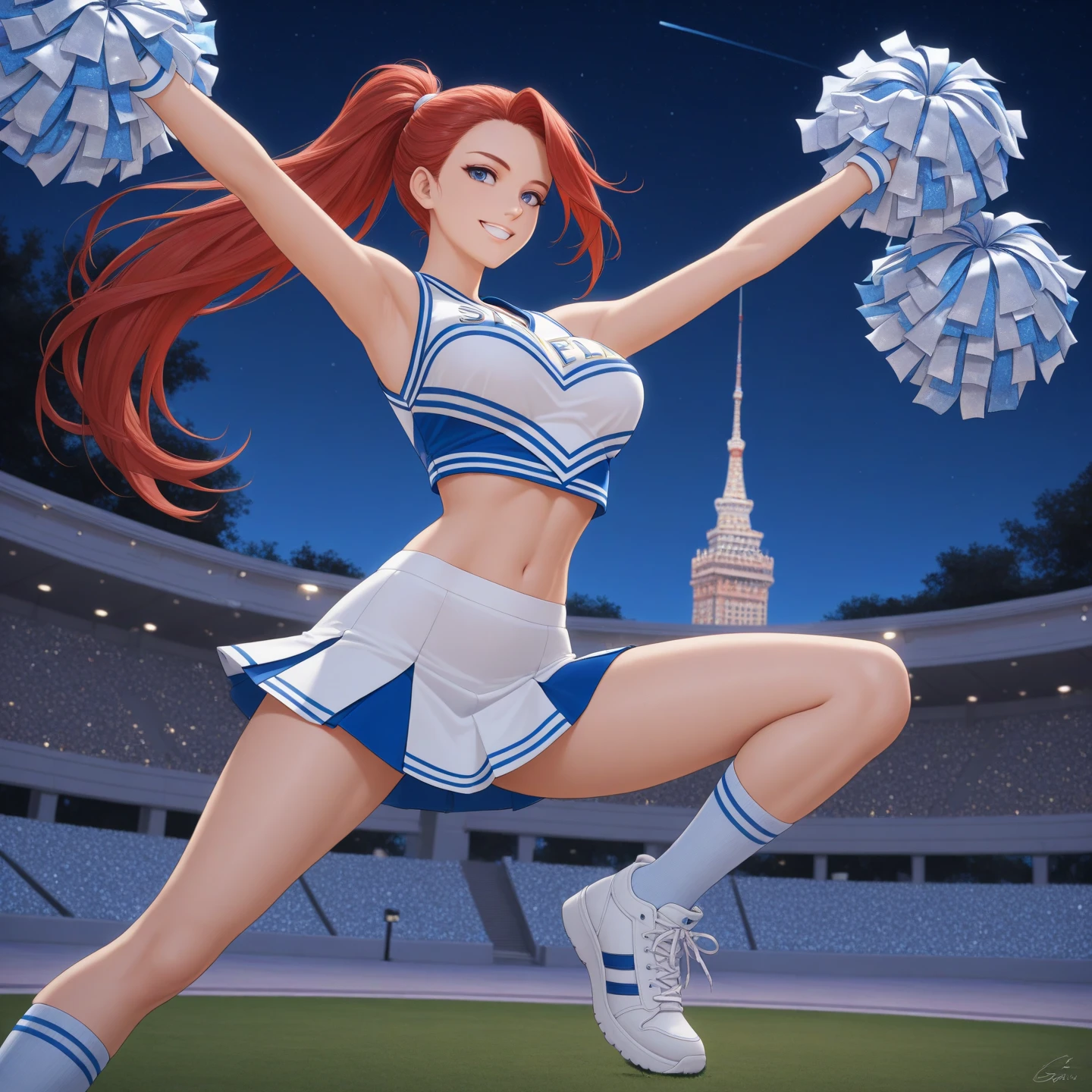 Scenery: We are on an American football field, with the sun setting in the background, creating a nostalgic and welcoming setting. The empty stands echo silence as our obese American teenager in cheerleader outfit stands out on the pitch. 🏈🌅 Student: - Our obese American teenager is extremely fat, with robust curves and obvious fullness. Wearing a cheerleader uniform, her clothes highlight her shape. His movements are determined and full of energy, contrasting the solitude of the environment. His face expresses confidence and joy, contrasting with the silence around him. Its chubby legs jump with dexterity, defying any stereotype. It's a powerful and striking scene. 💪🎀🌟 I hope this description conveys the striking presence and contagious energy of our overweight American teenager, fearless and confident, even when alone on the football field. 🇺🇸👧🏻🎉