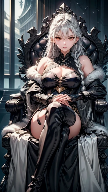1women, huge tits, busty, masterpiece, 8k,semi-realistic,4k,RTX,shaders,brilliant texture work, view at camera, , cool face, beauty, hair ornamet, sitting on the throne, castle, mediavel theme, spread legs, skirt, panties, view from front,