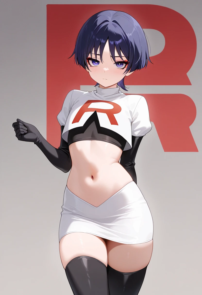 absurdres,masterpiece, trap, best quality, highres, high quality, 1boy, solo, male focus, hair, crossdressing,1boy,team rocket,team rocket uniform,white skirt,red letter R,crop top,black thigh-highs,black elbow gloves, evil laugh, blush