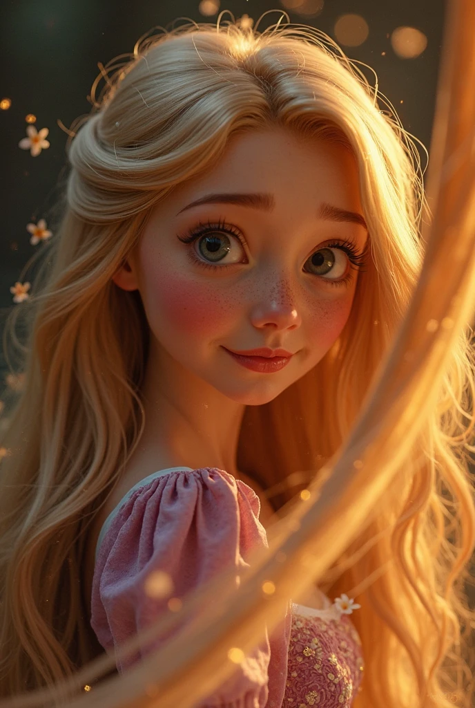 Imagem estilo pixar com 3D personagem mulher branca cabelo liso longo castanho dançando, Disney makeup,fisherman, cute, He would be ,close up, pixar, Disney,