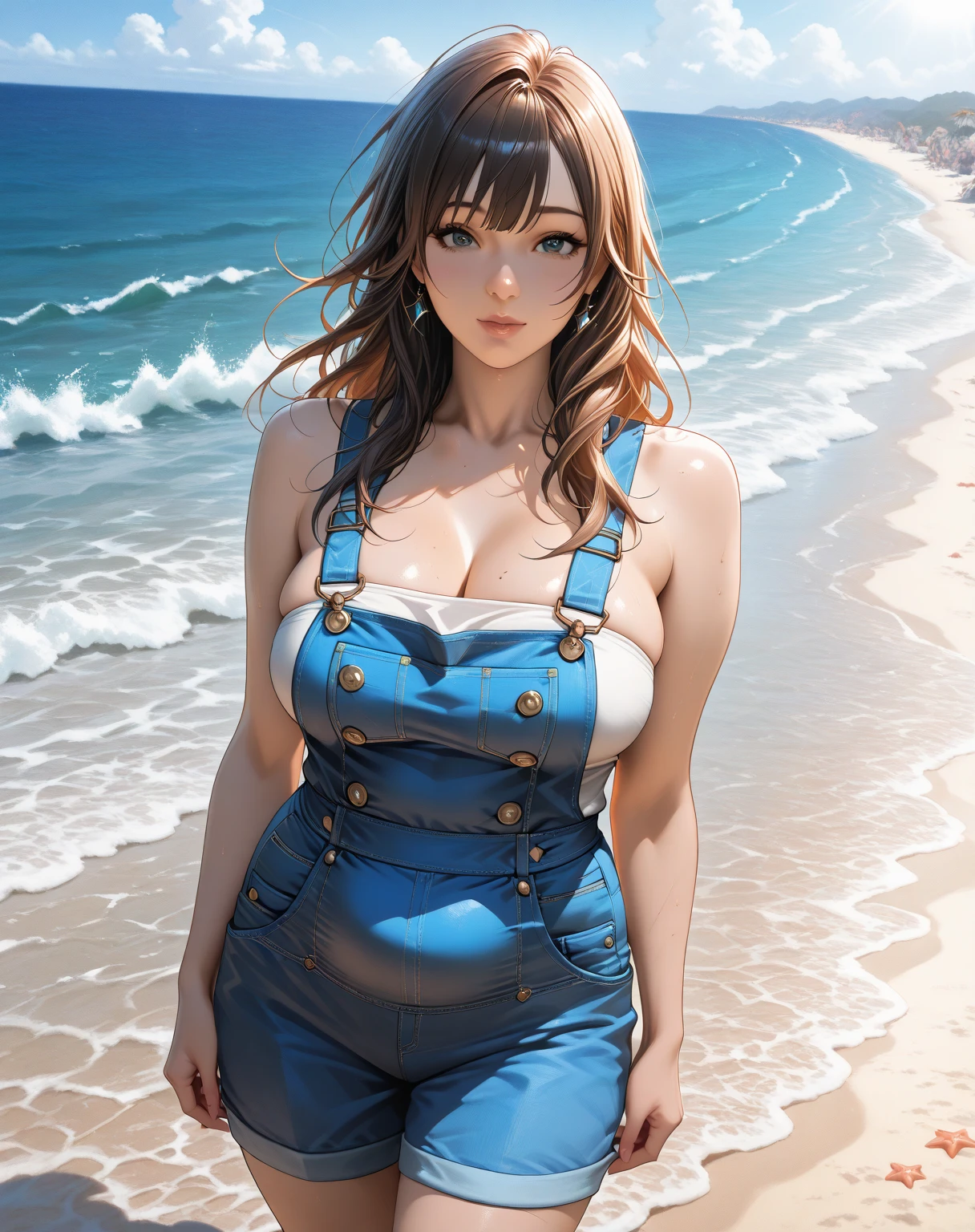 masterpiece, best quality, ultra-detailed, realistic, perfect anatomy, solo, full body, background is beach, looking at viewer, all fours, wearing cropped top and denim shorts, a woman is slender and huge breasts,