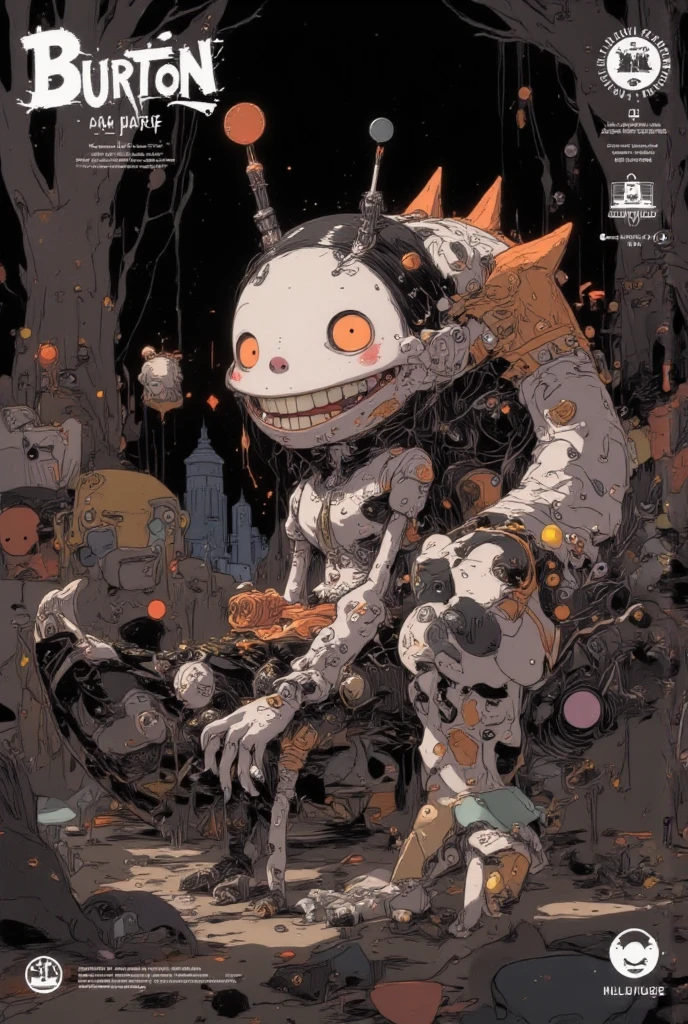 masterpiece,best quality,Full of smiling faces,Black all over,It's a spherical black monster.,The body is dripping down like asphalt,Has a big mouth that accounts for a large proportion of the body,There's a laser cannon barrel inside.