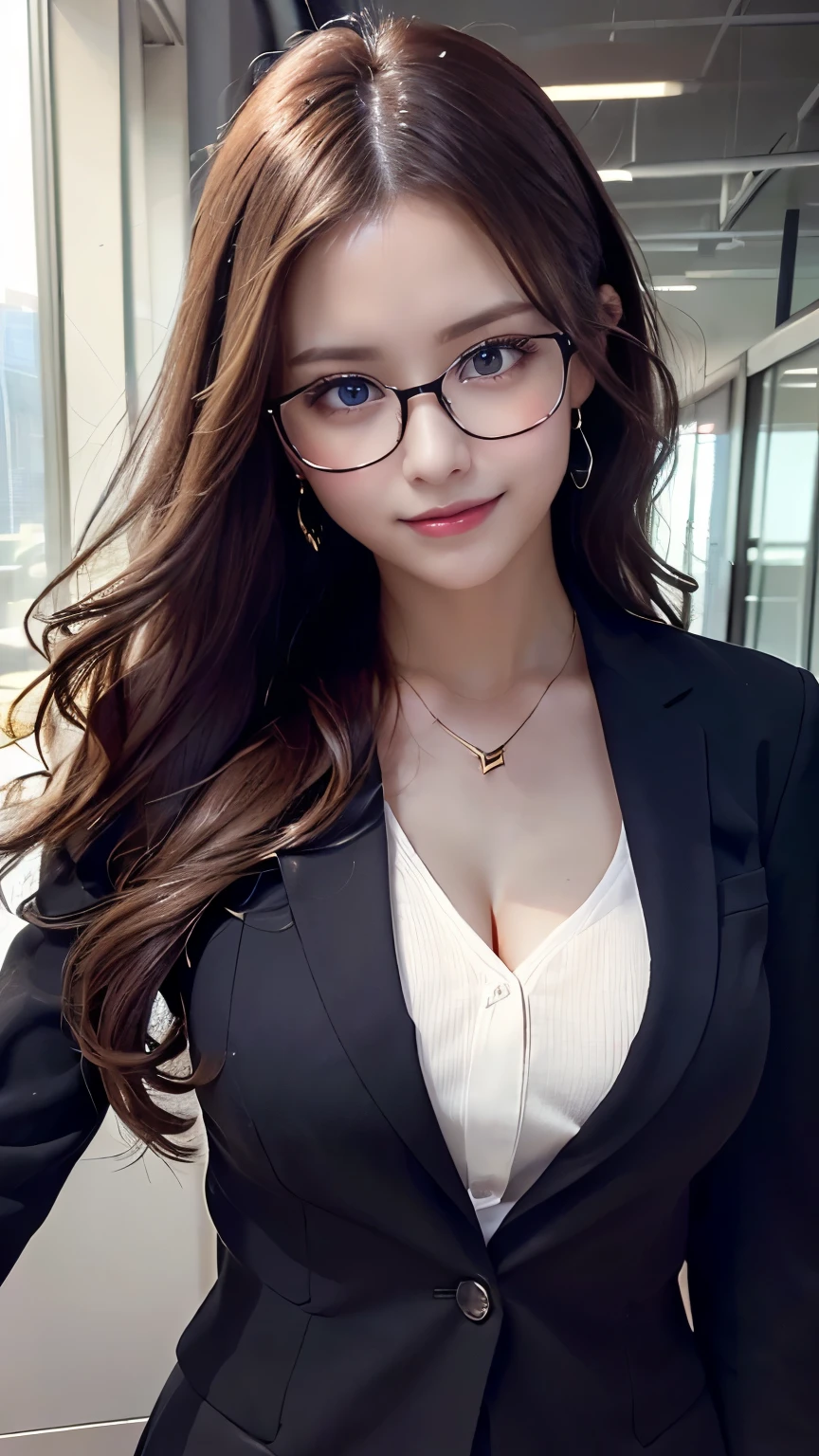japanese, solo, brown hair, bangs, smile, (hostess makeup), dynamic angle, high res, (photo realistic:1.2), (highly detailed:1.1), desk, (emphasize body line:1.1)、(Very long wavy hair:1.1)、(slender body:1.1)、toned very thin waist、(Classy glasses:1.1)、(perfect and precise business suit:1.2), Bewitching,(cleavage), glossy and bright lips,