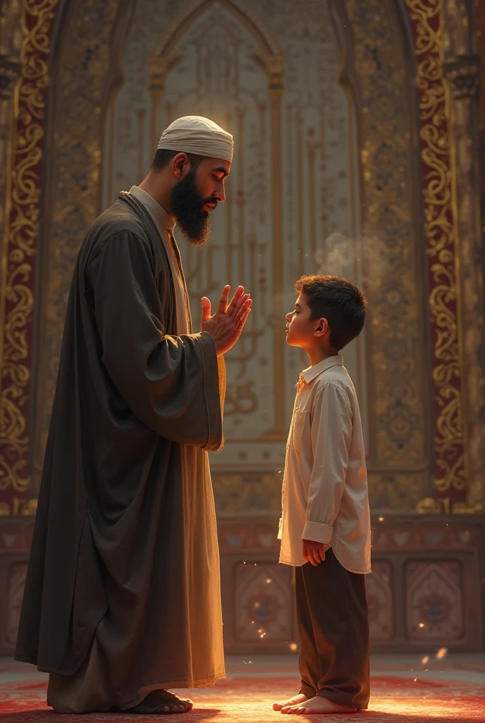 Islamic man and his little boy prayer in mosque with in ramadan