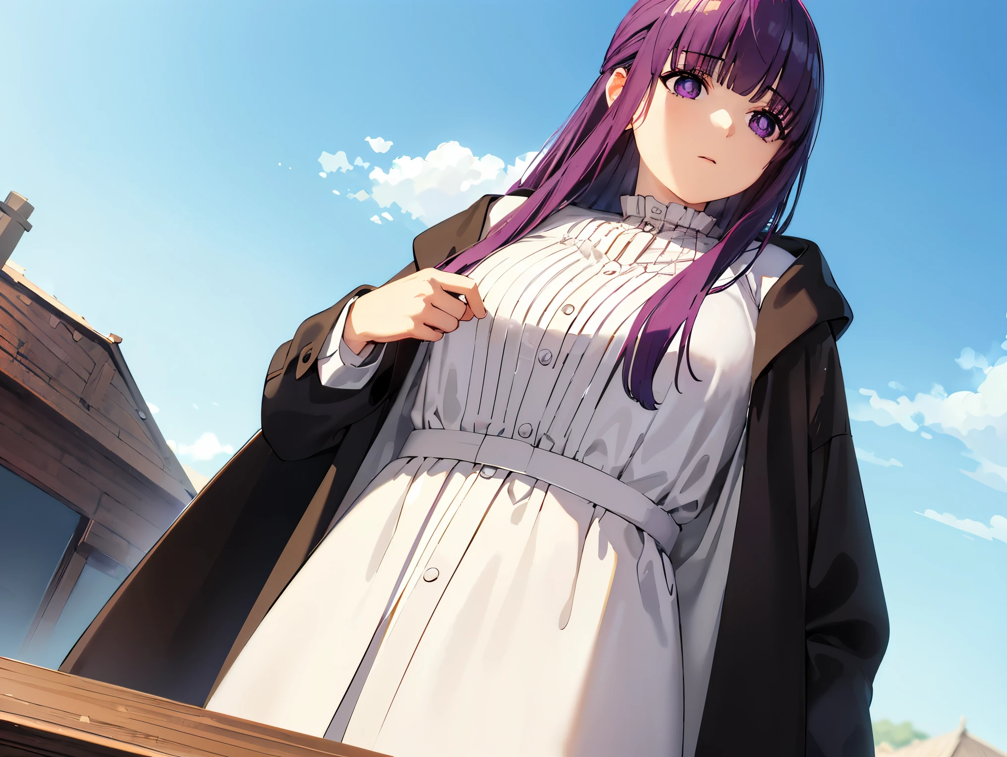 ((masterpiece,best quality)), funeral freelen , far, 1 girl, purple colored hair, solo, super detailed eyes, long hair per person, side lock, purple eyes, hair attachment, hood down, white shirt,jacket, Take off your clothes, Centerpiece,with the blue sky and white clouds