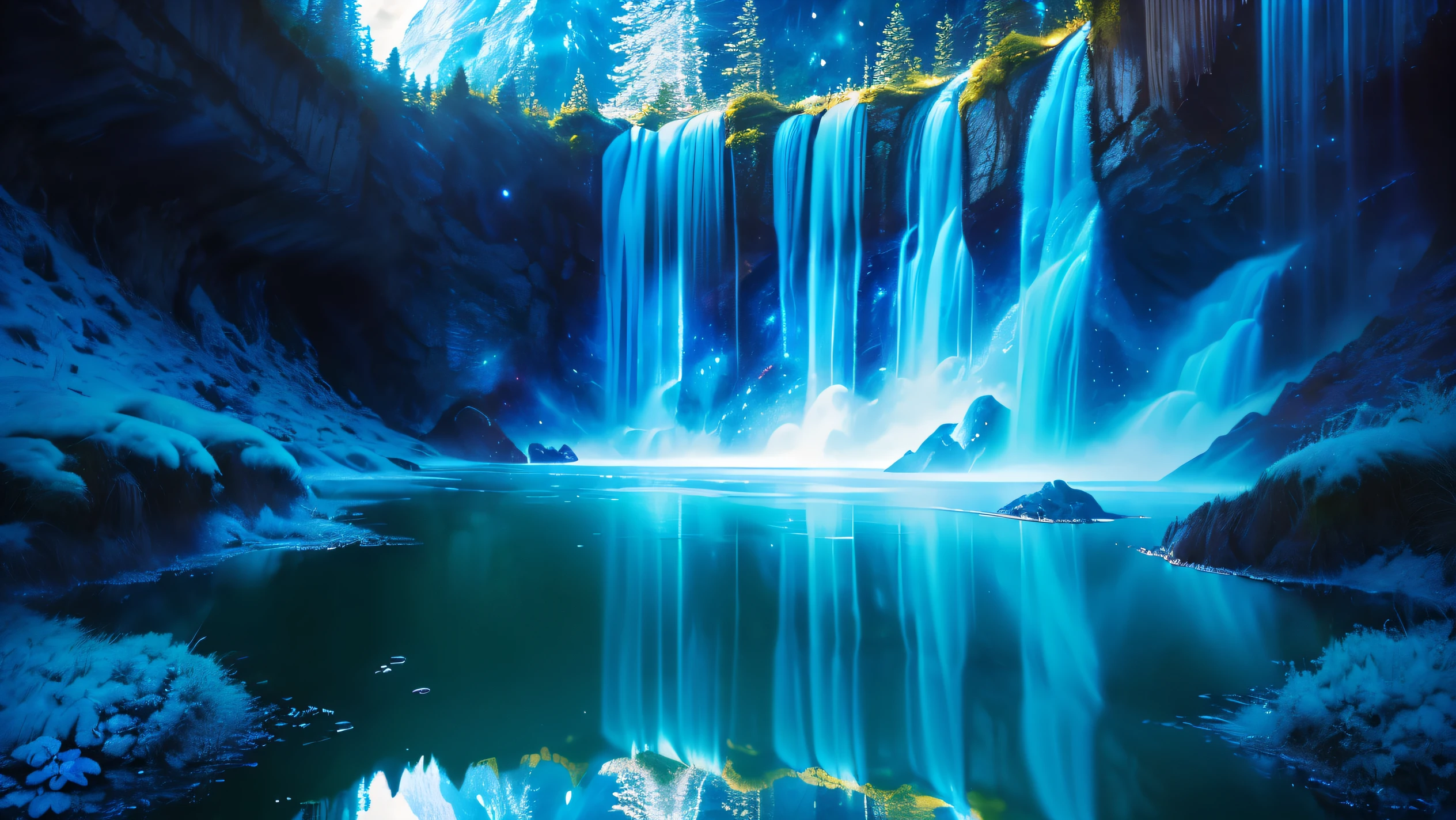 Majestic Atmosphere ,Vast Sky,( very beautiful artistic watercolor painting ), beautiful nature ,Very big and beautiful sky,\(( very elaborate and beautiful galaxy reflection:1.4)\),(many waterfalls lined up),Lots of Flow,Glowing moss ,shining rock face, fantasy,twinkling mystical light ,reflection, quality\(8k, Very detailed masterpiece, high resolution,top- quality,super real for instructions, increase resolution , RAW photo ,beste quality, very detailed \)