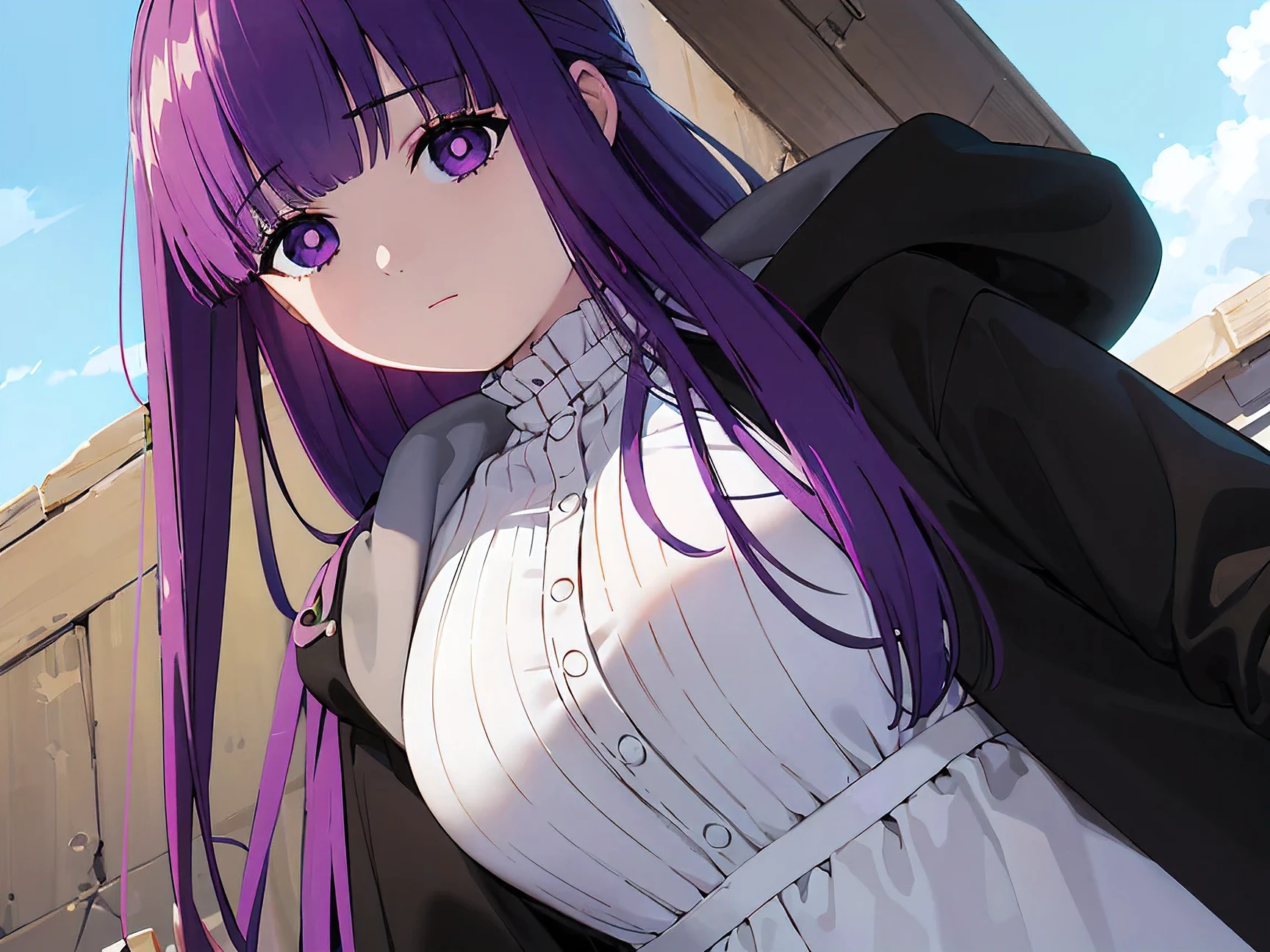 ((masterpiece,best quality)), funeral freelen , far, 1 girl, purple colored hair, solo, super detailed eyes, long hair per person, side lock, purple eyes, hair attachment, hood down, white shirt,jacket, Take off your clothes, Centerpiece,with the blue sky and white clouds