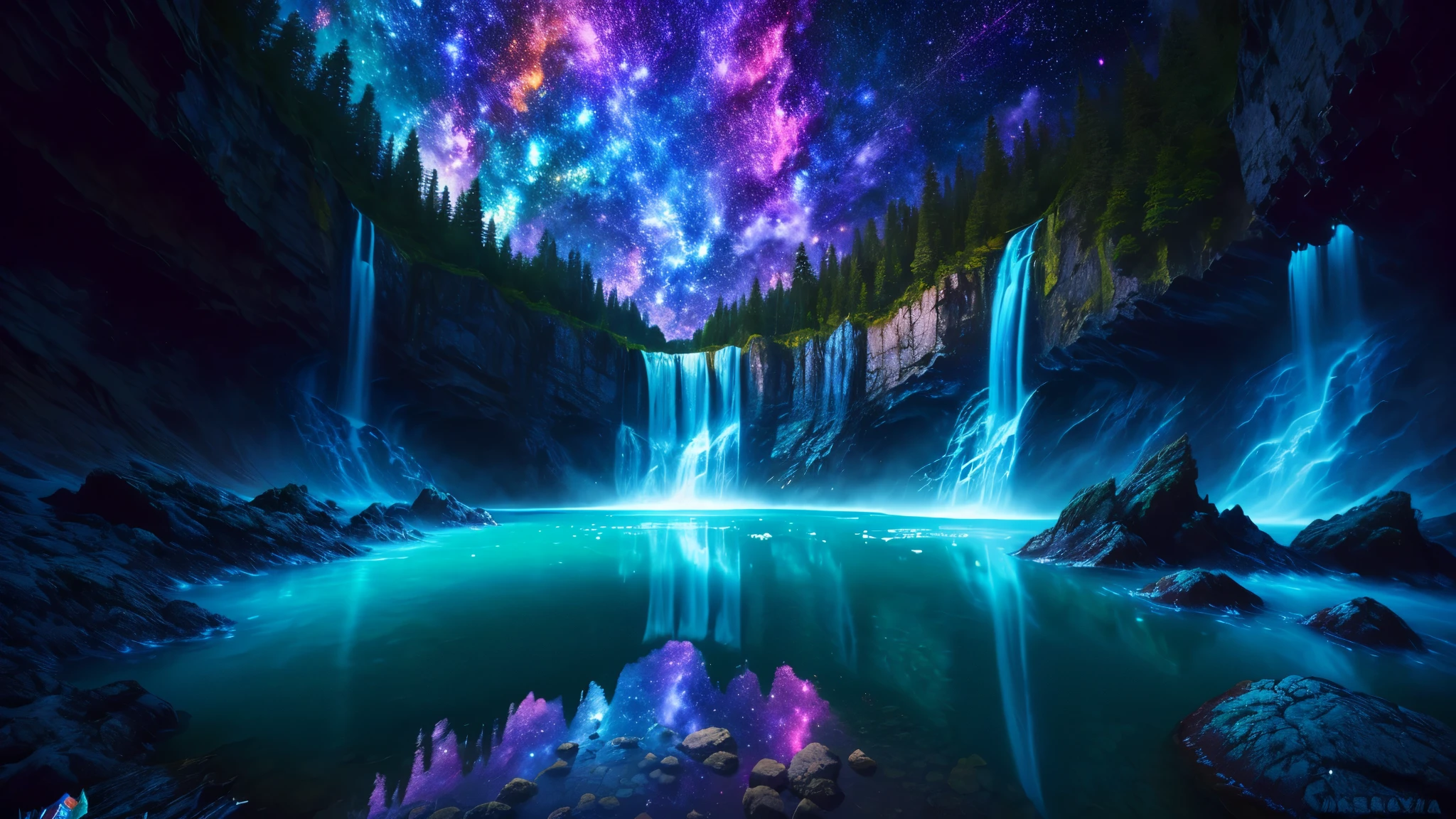 Majestic Atmosphere ,Vast Sky,( very beautiful artistic watercolor painting ), beautiful nature ,Very big and beautiful sky,\(( very elaborate and beautiful galaxy reflection:1.4)\),(many waterfalls lined up),Lots of Flow,Glowing moss ,shining rock face,fantasy,twinkling mystical light ,reflection, quality\(8k, very detailed傑作, high resolution,top- quality,super real for instructions, increase resolution , RAW photo ,beste quality, very detailed \)