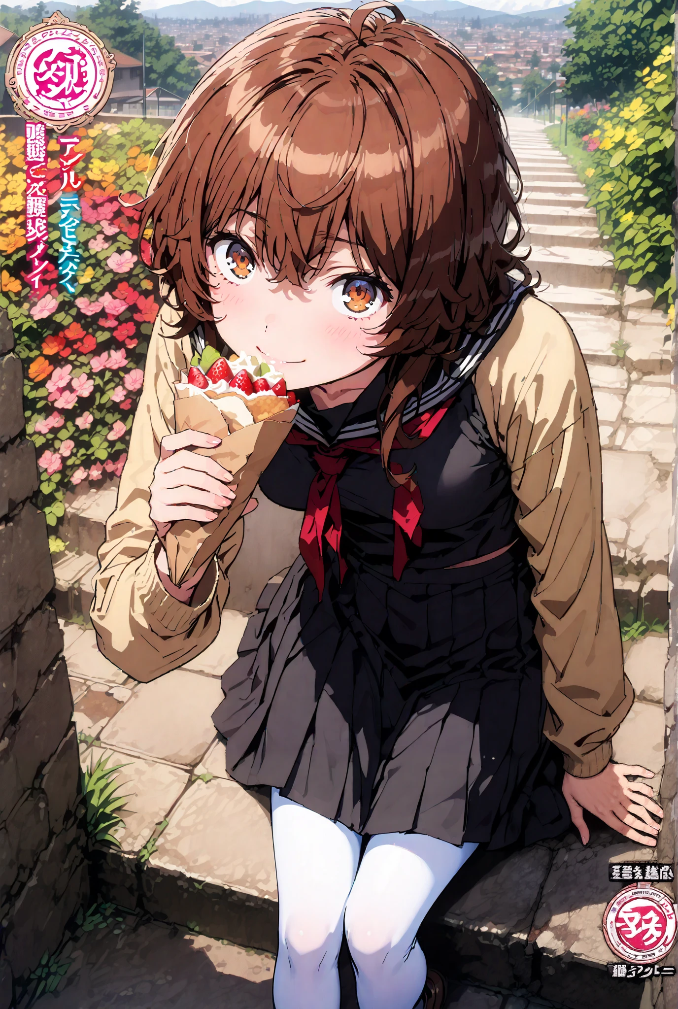 Liliru Card, Lilylka Alde, brown eyes, black cock, smile,cover,opens her mouth,short hair,Black sailor suit,red 弓tie, yellow cardigan , black mini pleated skirt ,white pantyhose as if it were in the illustration,loafers,Holding a crepe with one hand, is sitting on the stairs,Beautiful Scenery,noon,full bodyかイラストに入るように,angle from below,break outdoors,garden,
break looking at viewer,full body,
break (masterpiece:1.2),best quality , kampala, Unity 8K Wallpaper ,(shape:0.8),( fine, beautiful eyes :1.6),It's a person ,full body写真,CG Details , (perfect hands,complete anatomy),