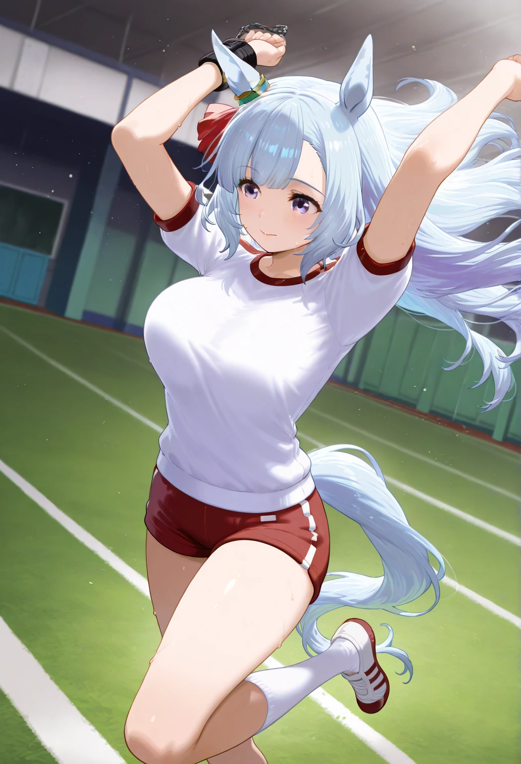 (best quality, masterpiece), 1 girl, centaur, It takes, White skin, Korean ,Smiling,zoo exhibition, exposing the abdomen,Sportsbra, 아름다운 소녀 perfect white tiger photo, perfect white tiger photo