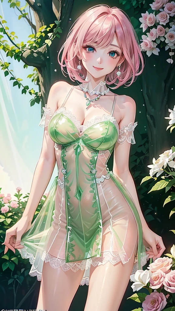((Highest quality, 8k, masterpiece :1.3)), (Sharp focus :1.2, Beautiful woman with perfect figure :1.4, Slim Abs), ((Big Breasts, Emphasize cleavage:1.2)), (Photorealistic:1.4), (realistic:1.4), (Pink Hair:1.5), Highly detailed face and skin texture, Fine grain, double eyelid. Makeup face, A little bit of lipstick, sex appeal, Sexy gravure pose, ((A sexy girl in a green lace dress、She is looking provocative in a luxurious hotel room.。Silver earrings and necklaces、She wears high heels that accentuate her beautiful legs.。:1.3))