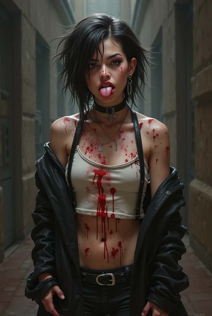Woman with short black hair, shoulder cut hair,  in a red short plaid skirt, Blue eyes, zombie art, Gothic art, cute aesthetic with atmosphere, Cartoon aesthetics, in a red suit, wear gothic accessories, looks like Cassie Hack, upper body, red background