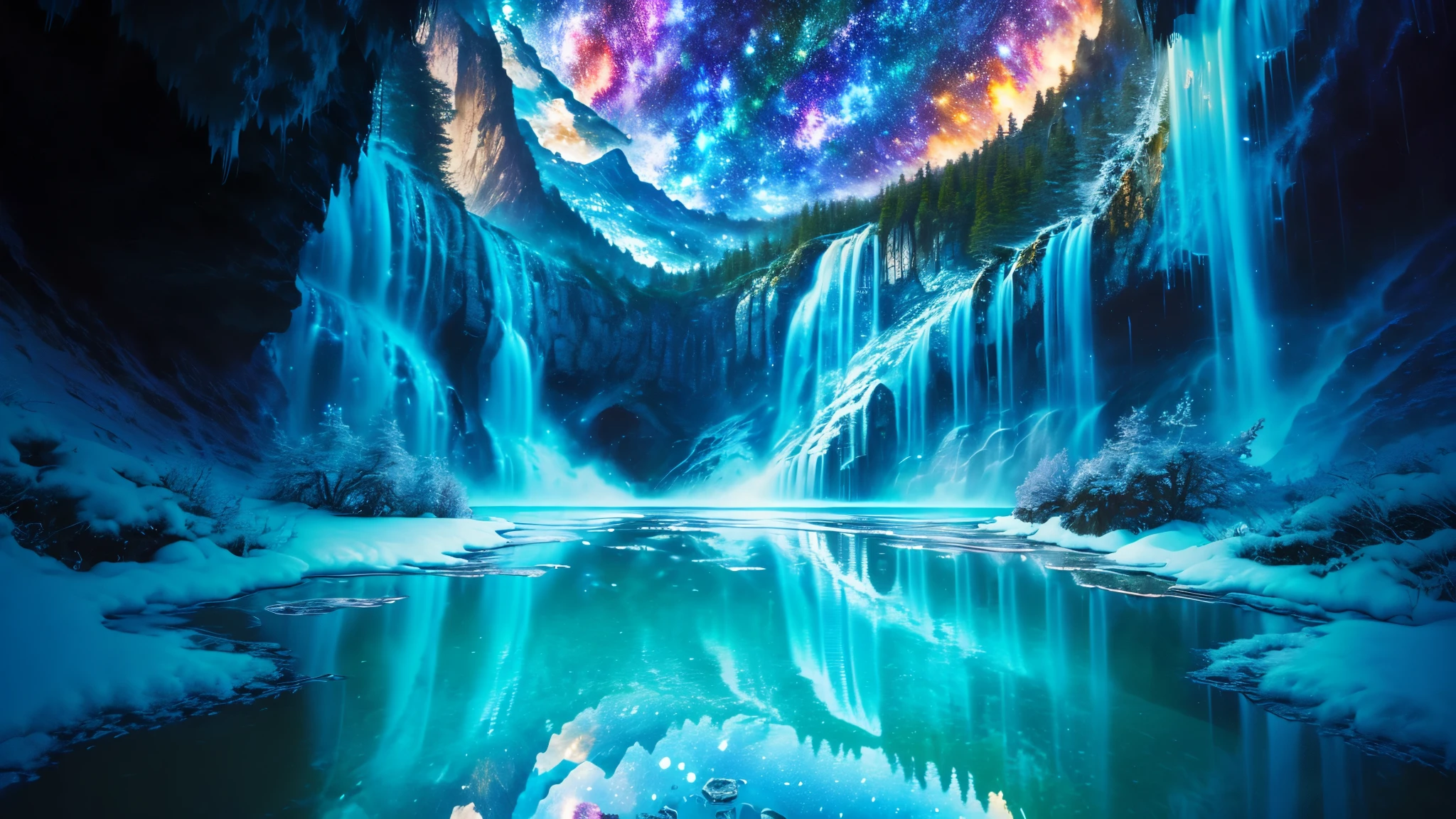 Majestic Atmosphere ,Vast Sky,( very beautiful artistic watercolor painting ), beautiful nature ,Very big and beautiful sky,\(( very elaborate and beautiful galaxy reflection:1.4)\),(many waterfalls lined up),Lots of Flow,Glowing moss ,shining rock face,fantasy,twinkling mystical light ,reflection, quality\(8k, very detailed傑作, high resolution,top- quality,super real for instructions, increase resolution , RAW photo ,beste quality, very detailed \)