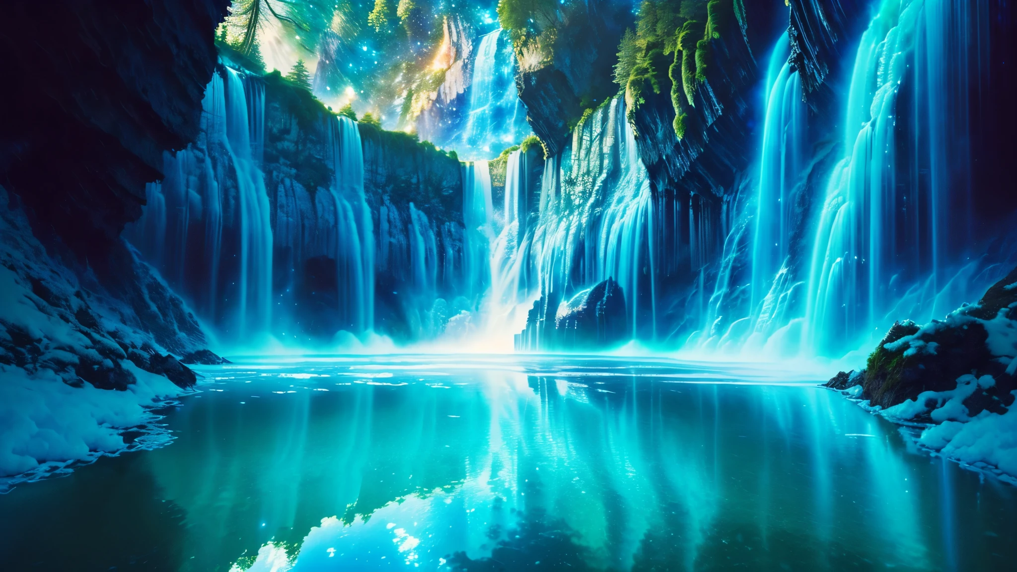 Majestic Atmosphere ,Vast Sky,( very beautiful artistic watercolor painting ), beautiful nature ,Very big and beautiful sky,\(( very elaborate and beautiful galaxy reflection:1.4)\),(many waterfalls lined up),Lots of Flow,Glowing moss ,shining rock face,fantasy,twinkling mystical light ,reflection, quality\(8k, very detailed傑作, high resolution,top- quality,super real for instructions, increase resolution , RAW photo ,beste quality, very detailed \)
