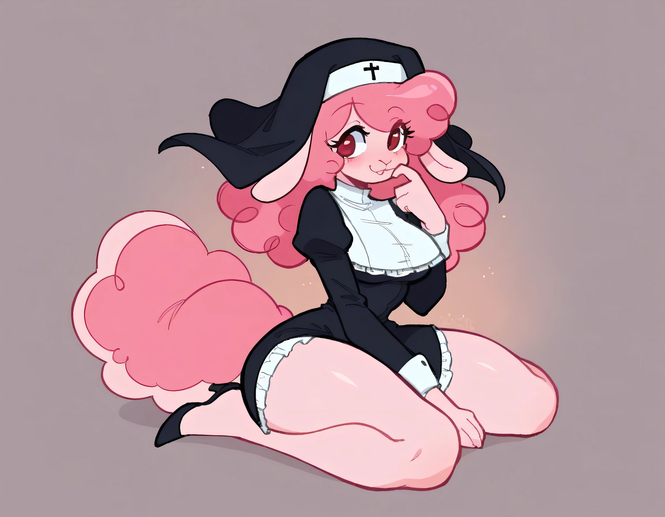 better quality, very detailed illustration , solo, ( Anthropomorphic furry sheep:1,7), ruffled voluminous bouncy hair , playful look, delgado, ideal body, thin waist , wide hips, simple drawing, Artifyber style , pastel flat colors , beautiful, cartoon ,solo, short curly pink hair, nun outfit, fluffy tail, ram horns, seductive pose