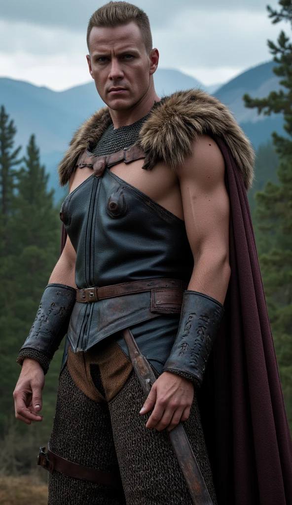 character detailing, man, hobbit, single, without shoes, bare feet, short hair, pixie haircut, leg hair, cape, hood on head, curly hair, fair skin, medieval, adventurer, fantasy, chocolate hair, dark green cloak, brown eyes, angry, big scar on cheek, sword on belt, bone bracelet, (scars), lots of shadows, dark colors, brown pants, milk shirt,