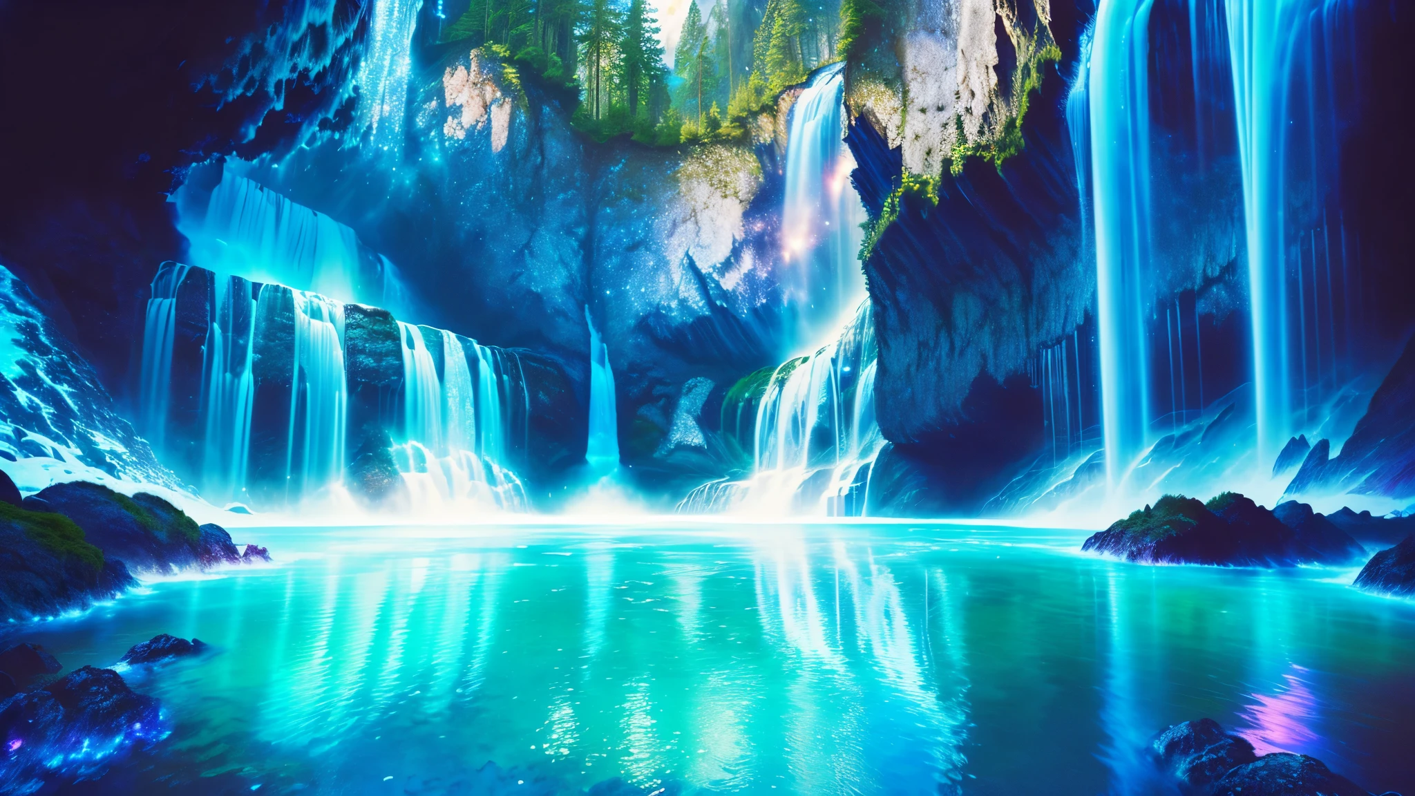 Majestic Atmosphere ,Vast Sky,( very beautiful artistic watercolor painting ), beautiful nature ,Very big and beautiful sky,\(( very elaborate and beautiful galaxy reflection:1.4)\),(many waterfalls lined up),Lots of Flow,Glowing moss ,shining rock face,fantasy,twinkling mystical light ,reflection, quality\(8k, very detailed傑作, high resolution,top- quality,super real for instructions, increase resolution , RAW photo ,beste quality, very detailed \)