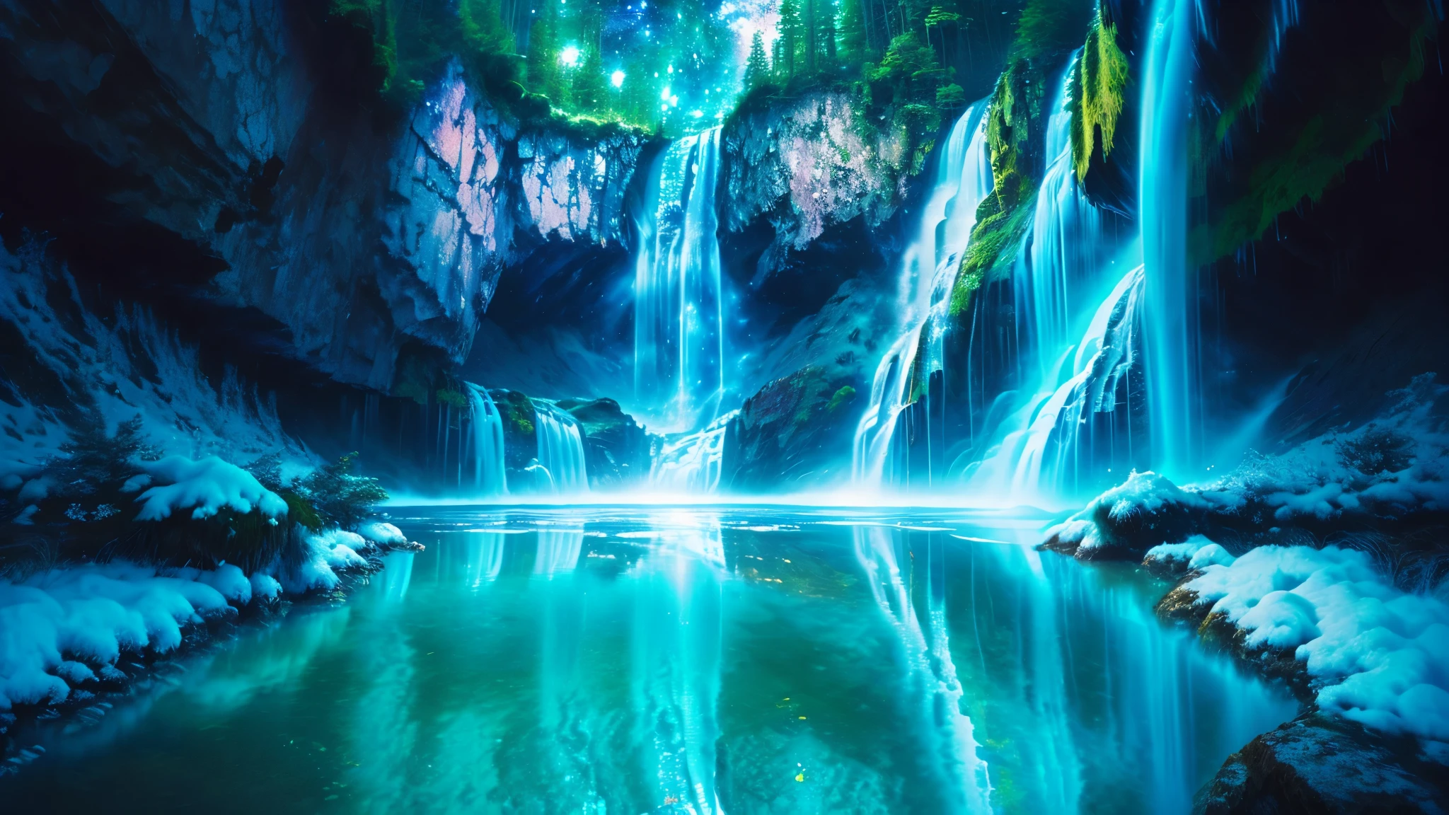 Majestic Atmosphere ,Vast Sky,( very beautiful artistic watercolor painting ), beautiful nature ,Very big and beautiful sky,\(( very elaborate and beautiful galaxy reflection:1.4)\),(many waterfalls lined up),Lots of Flow,Glowing moss ,shining rock face,fantasy,twinkling mystical light ,reflection, quality\(8k, very detailed傑作, high resolution,top- quality,super real for instructions, increase resolution , RAW photo ,beste quality, very detailed \)
