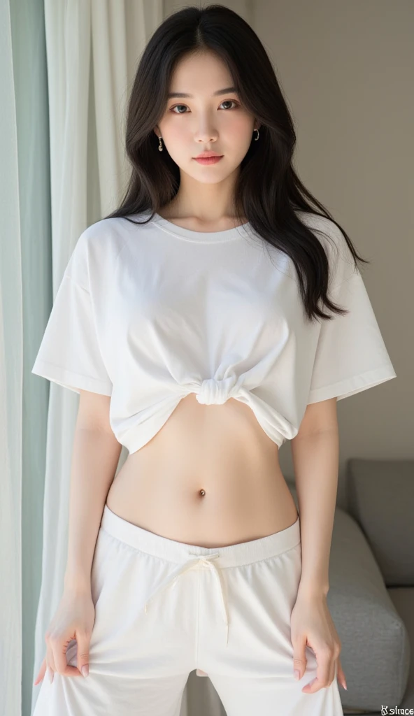 photo realisti,Ultra-detailed,japanese pretty woman, 1girl in, dark brown hair, Ultra-detailed face, very detailed lips, Detailed eyes, 二重まぶた, White underwear, Raise the shirt, open the legs widely, Smile, Inside the fitting room