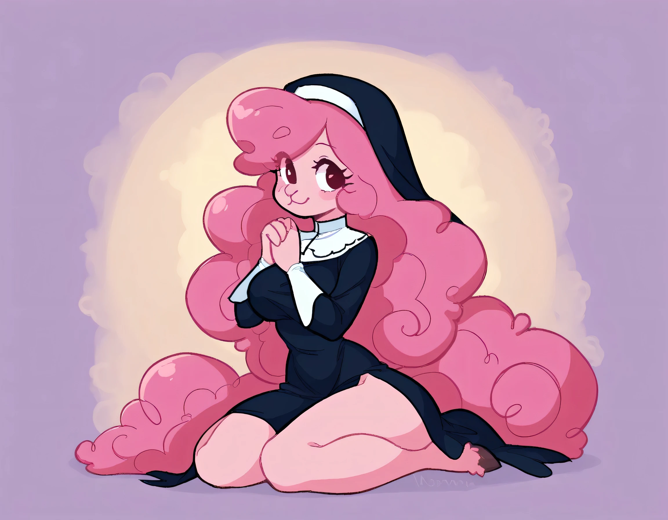better quality, very detailed illustration , solo, ( Anthropomorphic furry sheep:1,7), ruffled voluminous bouncy hair , playful look, delgado, ideal body, thin waist , wide hips, simple drawing, Artifyber style , pastel flat colors , beautiful, cartoon ,solo, short curly pink hair, nun outfit, fluffy tail, ram horns, seductive pose