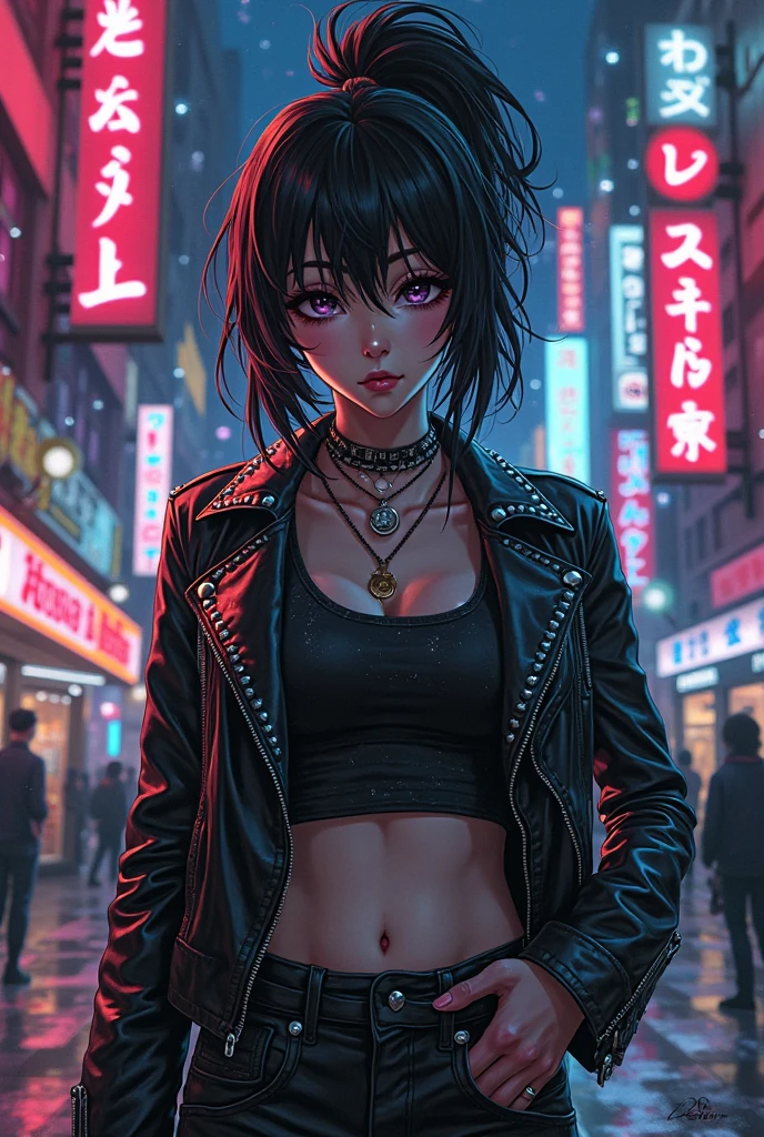"Anime-style fierce age girl with a bold expression, wearing a cropped leather jacket over a strappy top, high-waisted ripped jeans, and combat boots. She has messy, layered hair with dyed red streaks, black nails, and sharp eyeliner. She's standing with arms crossed in front of a graffiti wall at dusk, neon lights glowing behind her. The vibe is rebellious, confident, and unapologetic — anime-style with strong shadows, vibrant colors, and attitude-filled pose."