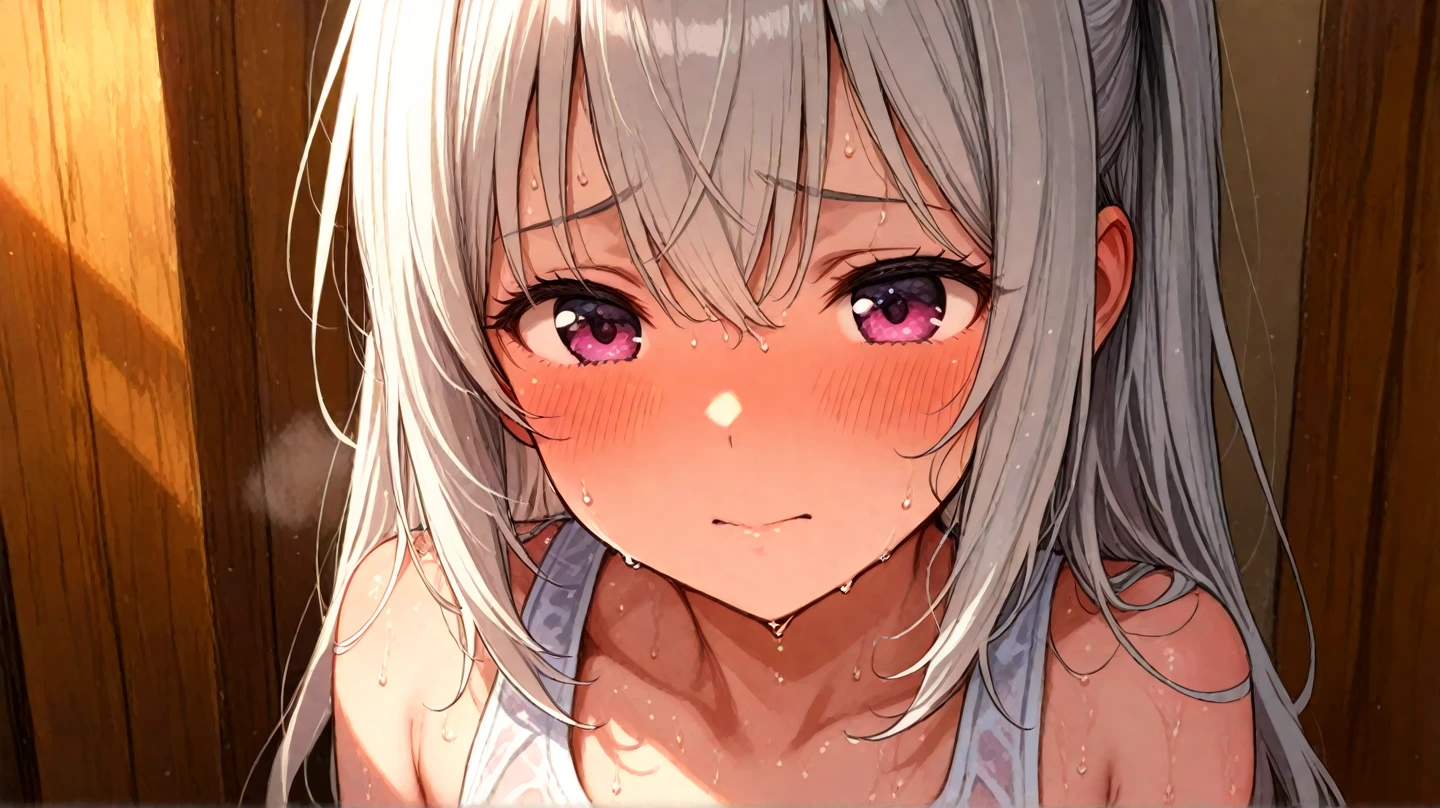 ((Highest quality、Masterpiece、Very detailed、4K))、One Woman、Beautiful Skin、sweater、No sleeve、(Purple Eyes)、(Gray Hair)、stand、((Rin々A beautiful smile))、(stand)、Sweaty